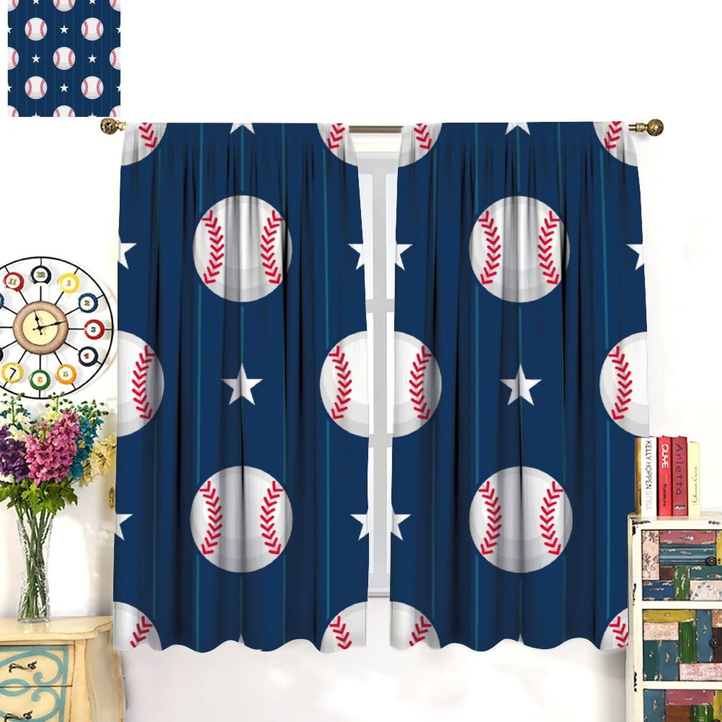 Baseball Curtains Home Décor,Sports Themed Darkening Window Treatments for Teens Girls Boys Bedroom Living Room Drapes 2 Panel Sets Total Size 42" x 45" Blue