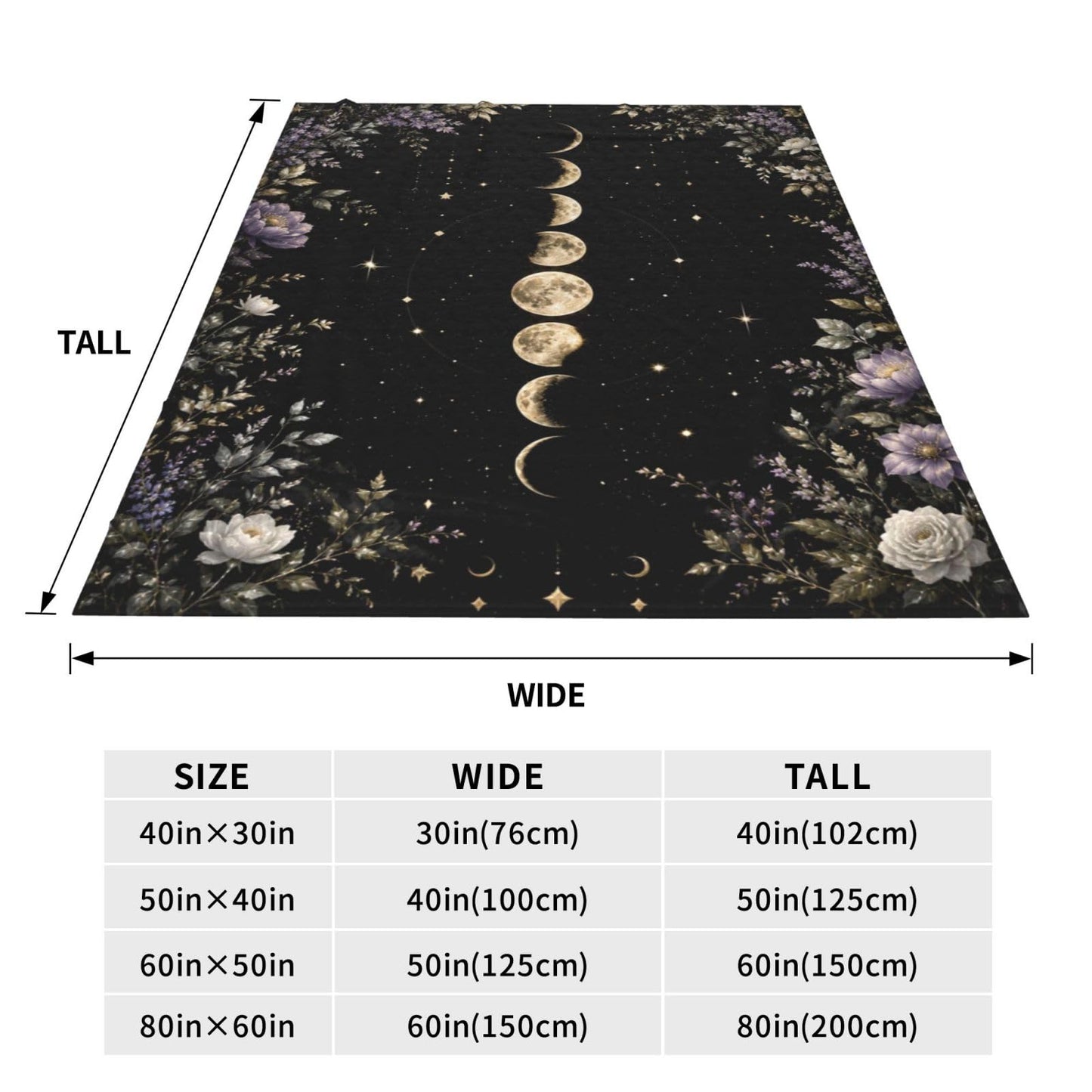 TZJCCMAY Moon Phases Blanket for Kids Women Adults, Gothic Floral Throw Blankets, Soft Lightweight Fleece for Bed Sofa Home Living Room Decor, Birthday Gifts, 50x60in
