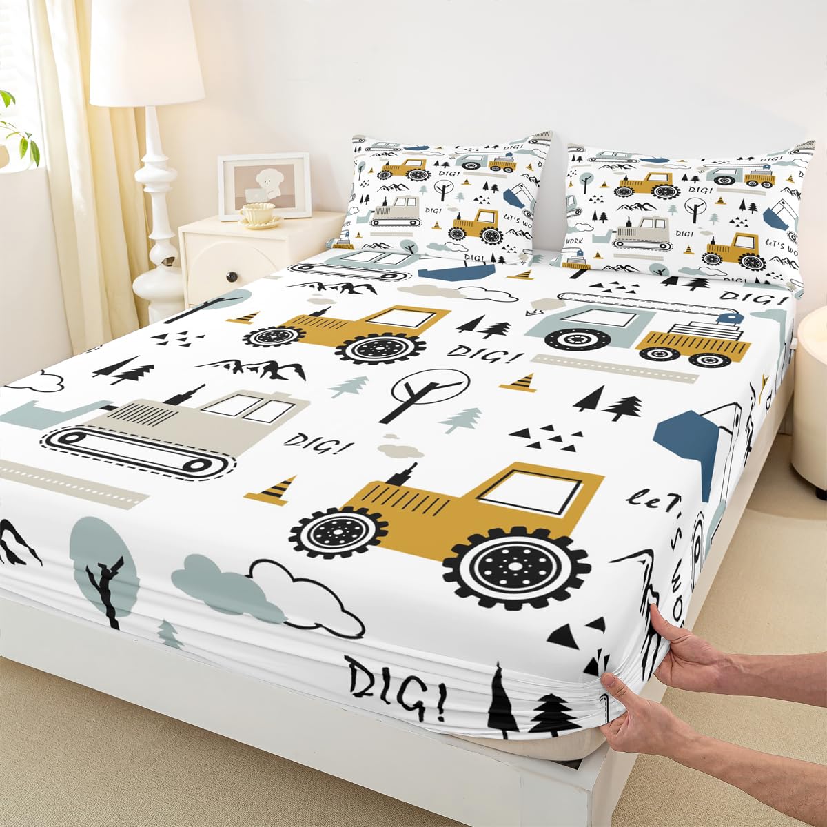 Cartoon Car Kids Sheet Set Construction Bed Sheets Set Decor Equipment Trucks Sheets with Deep Pocket Fitted Sheet Cartoon Car Excavator Tractor White Yellow Bedding Set Bedroom Quilt Cover 4Pcs Full