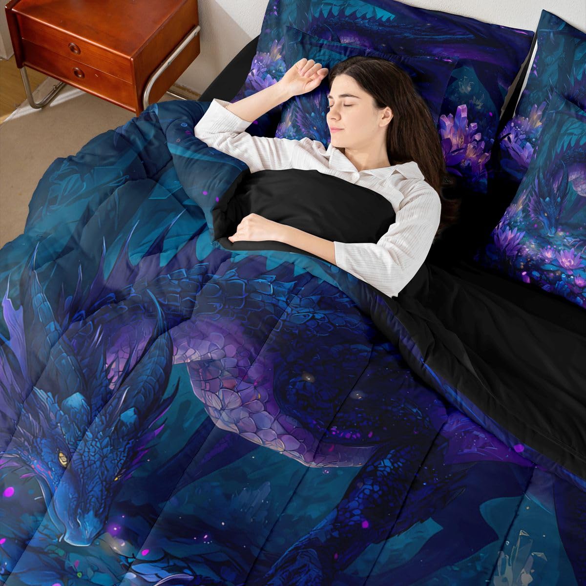 Feelyou Dragon Comforter Set with Sheets 7 Piece Twin Size Dragon Stuff Bedding Set for Kids Boys Girls Wild Life Bed in a Bag Magic Wildlife Room Decor Purple and Black Soft Lightweight Microfiber
