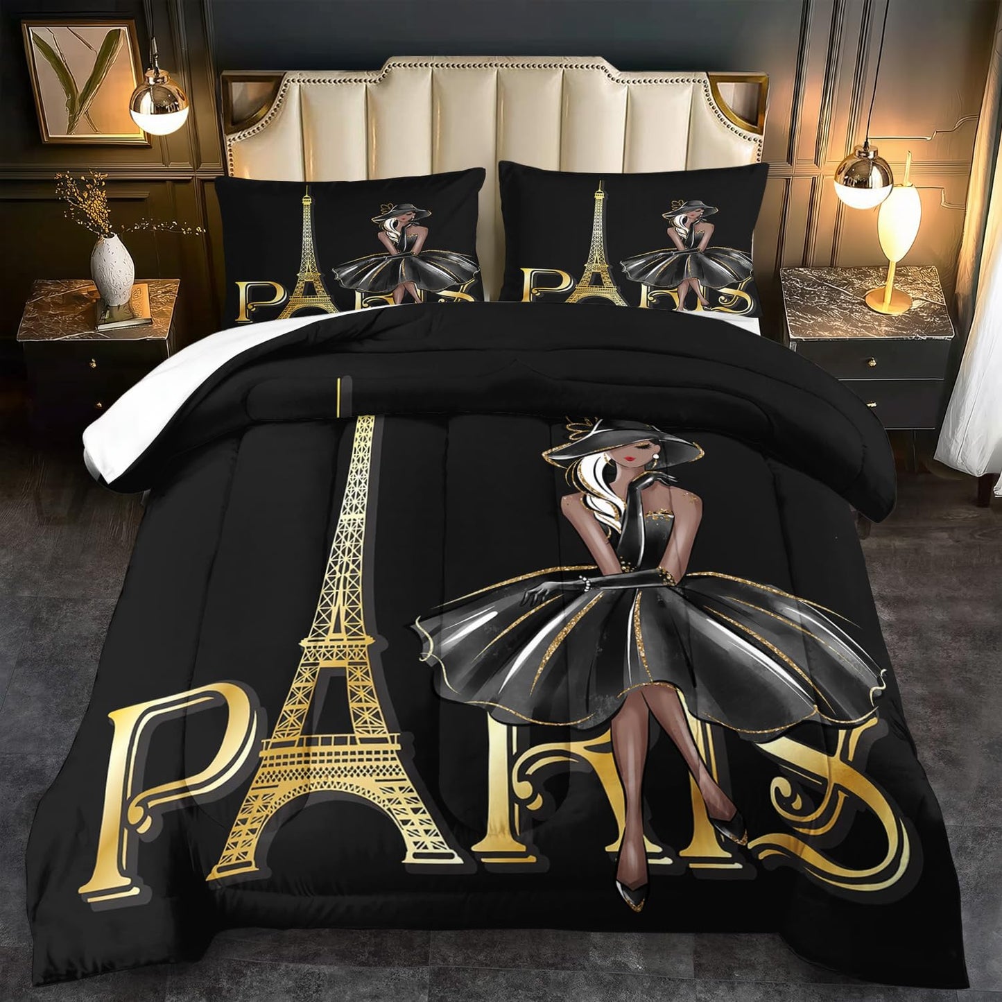 llyxsesty Paris Comforter Set Queen Fashion Girl Comforter for Couple Paris Bedding Set Girls Gold Eiffel Tower Bedding Women Boho Quilt Fashion Aesthetic Room Decor Elegant Home Decor