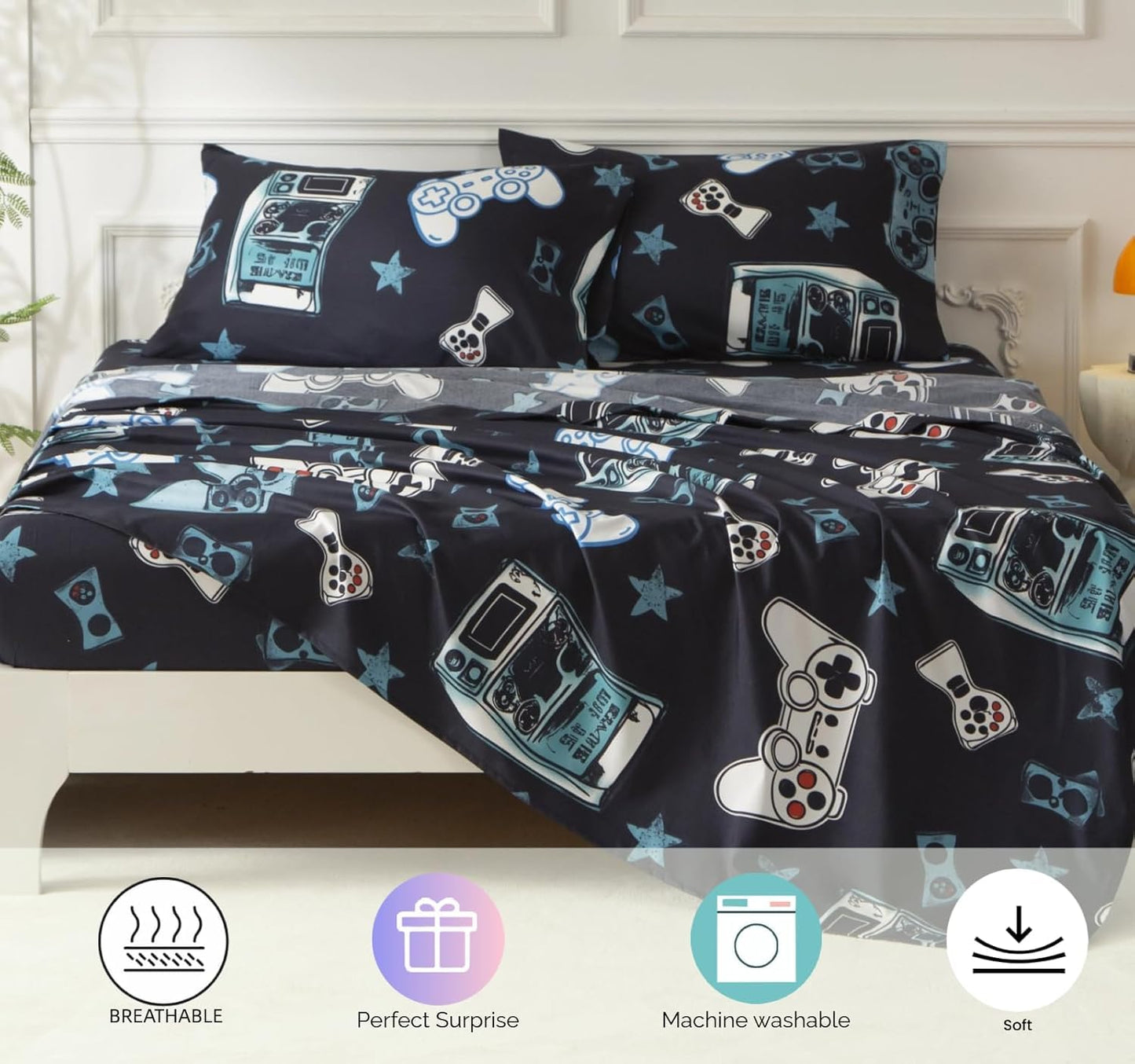 SDY 7PCS Twin Gaming Console Comforter & Sheet Set，Soft Cute Gamer Microfiber Bedding for Kids, Boys & Toddlers Room Decor,Includes 1 Comforter, 1 Flat&Fitted Sheet, 2 Pillowcases & 2 Pillow Shams