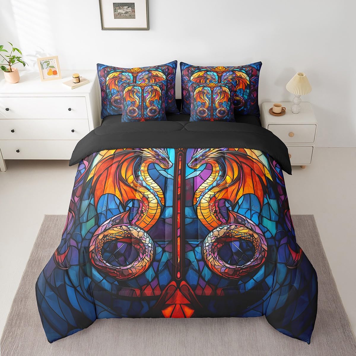 7 Pieces Retro Castle Stained Glass Comforter Set Queen,Magical Dragon Bed Set for Kids Boys Girls,Abstract Art Bedding(1 Comforter,1 Fitted Sheet,1 Flat Sheet,2 Pillowcases,2 Throw Pillow Cover)
