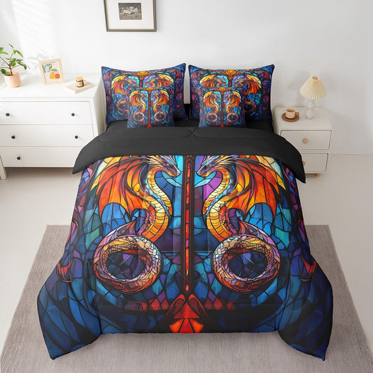 7 Pieces Retro Castle Stained Glass Comforter Set Queen,Magical Dragon Bed Set for Kids Boys Girls,Abstract Art Bedding(1 Comforter,1 Fitted Sheet,1 Flat Sheet,2 Pillowcases,2 Throw Pillow Cover)