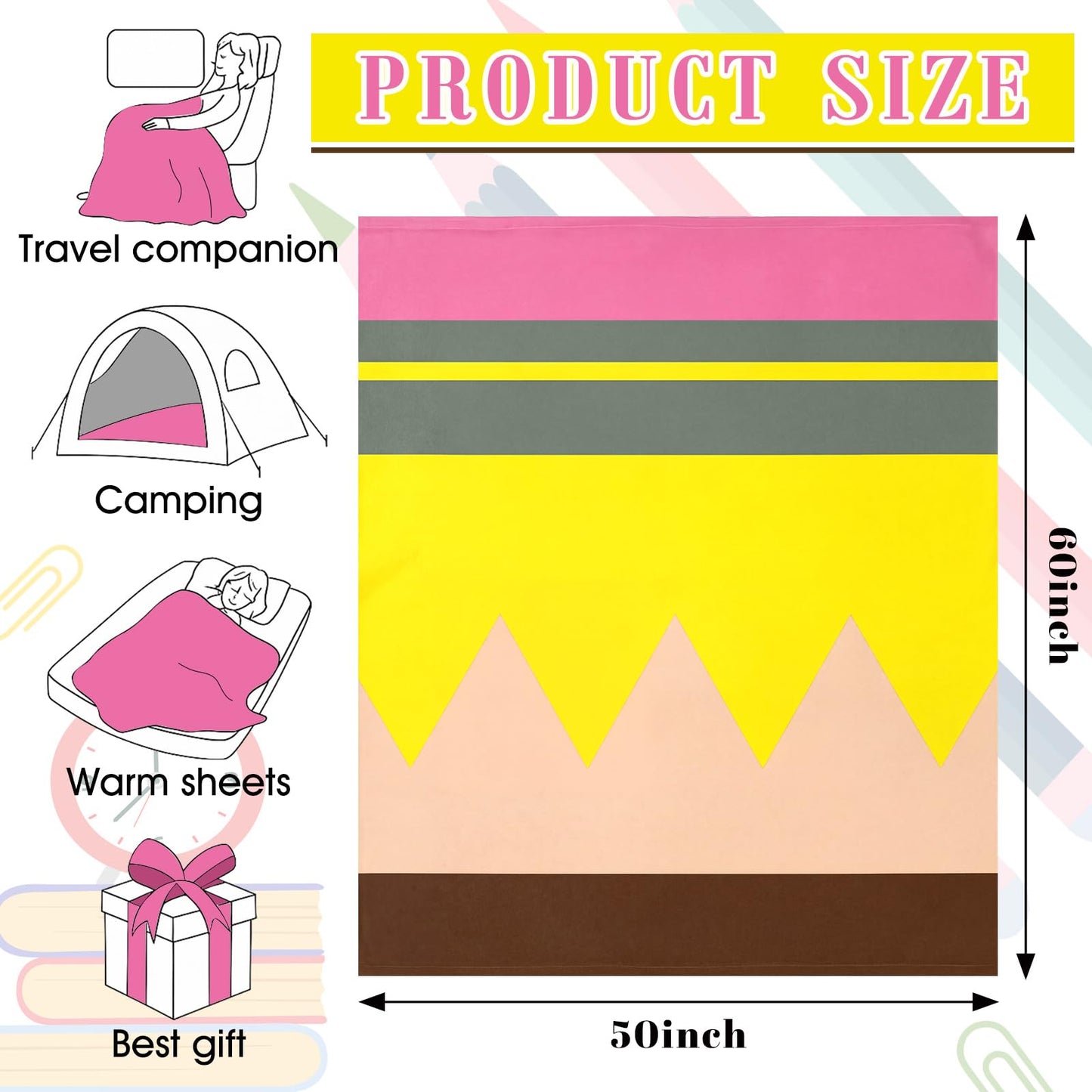 Flutesan Back to School Pencil Blanket Gifts, 60 x 50 in Funny Throw Soft Cozy Pencil Blanket for Teacher Appreciation Gifts Educators Couch Room Sofa First Day of School Classroom Decor