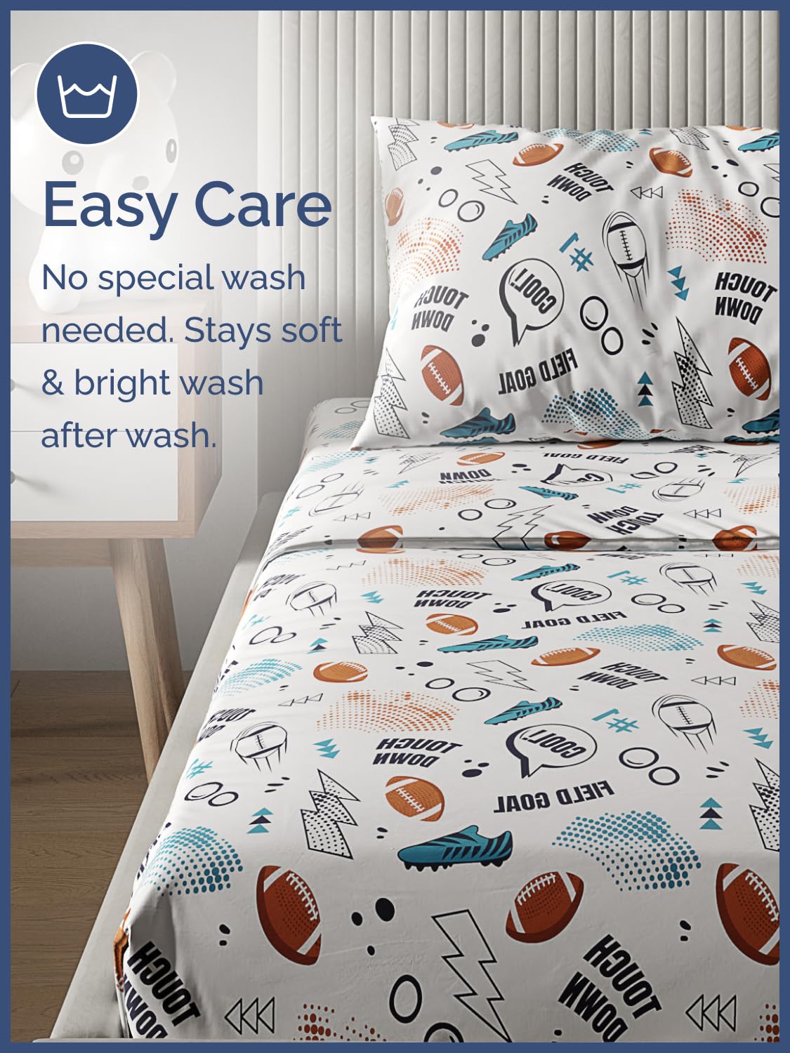 Kids Twin Size Bed Sheet Set - 3 Piece Kids Loft Bed Sheets - American Football Themed bedding - Soft, Cute and Cozy - Breathable & Machine Washable - Helmet Bed Set for Boys, Girls, Teens & Toddlers