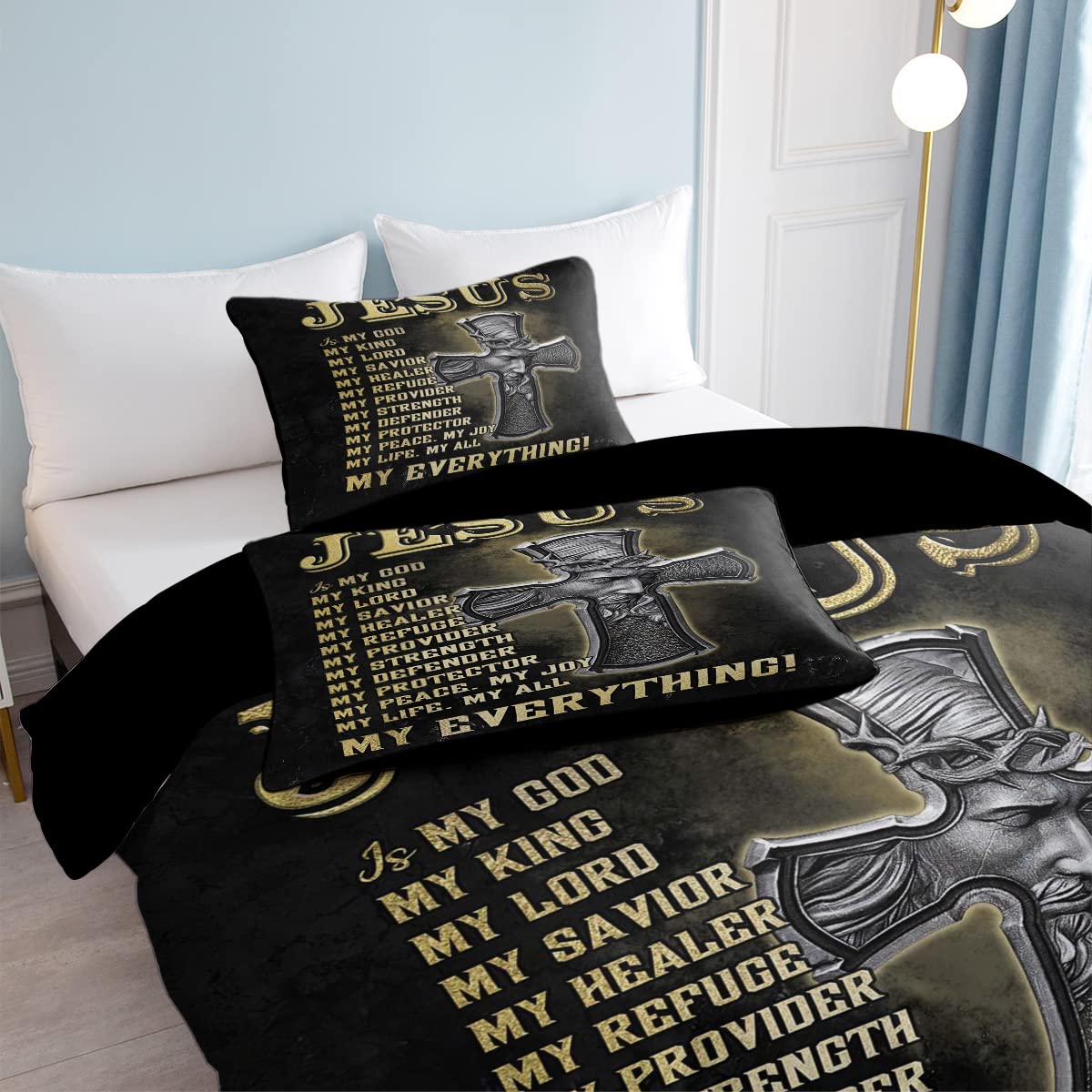 SOULZZZ Jesus Cross Print Comforter Cover Set Religious Christian God Cross Duvet Cover King, Western Culture Exotic Savior Bedding 1 Duvet Cover with 2 Pillowcases