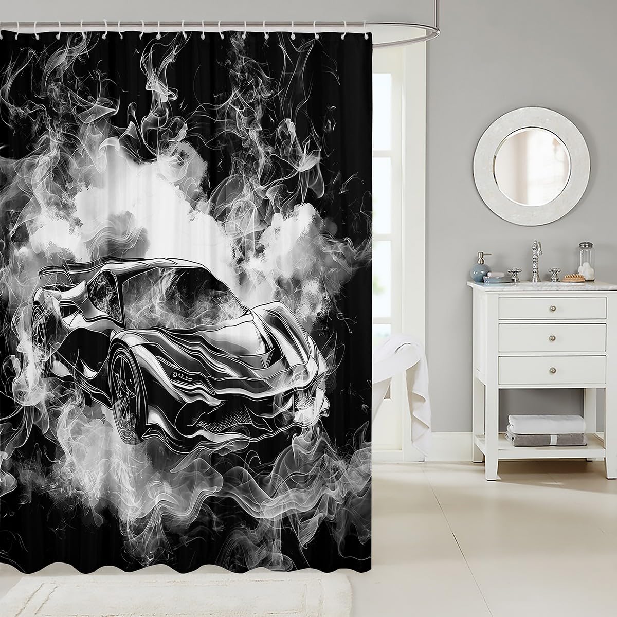Feelyou Speed Sports Car Shower Curtain 72"x72" Smoky Race Car Bath Curtain for Boys Girls Teens Racing Bath CurtainWaterproof Polyester Fabric Extreme Sports Kids Bathroom Accessories Black White