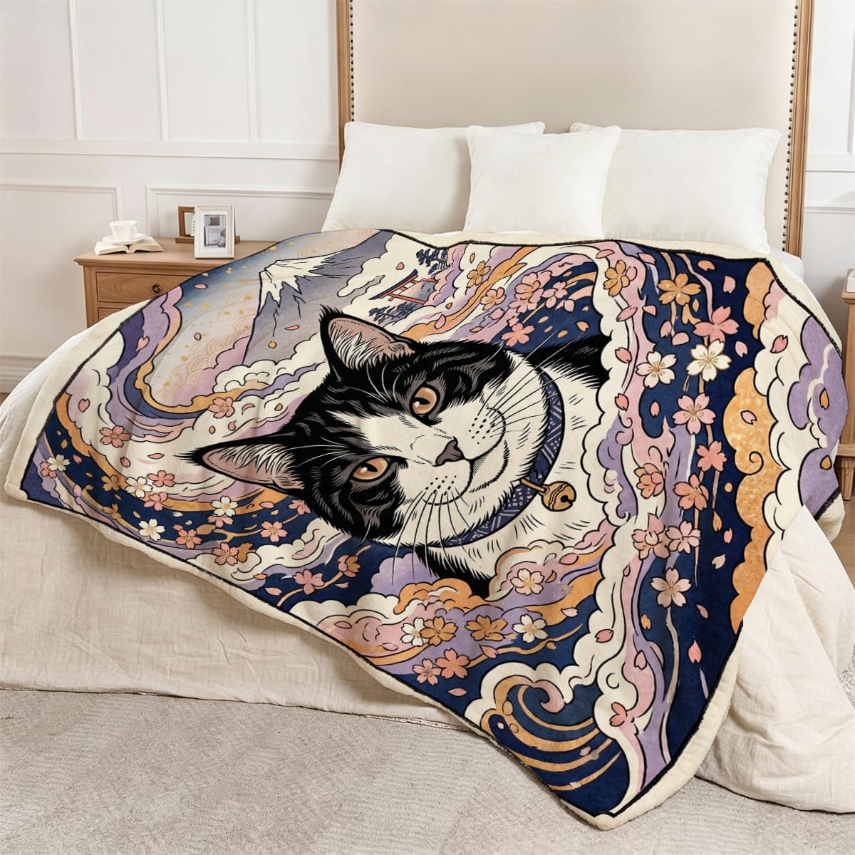 Yujiiso Japanese Ukiyo-E Tuxedo Cat Blanket Soft Throw Blanket 50" x 60"