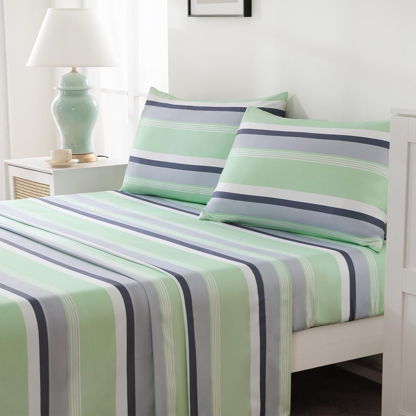 MCO 4Pieces Striped Sheets Set, Breathable King Sheet Set with 16" Deep Pocket,Modern & Luxury, Brushed Microfiber Bedding Set(King, Green Gray)