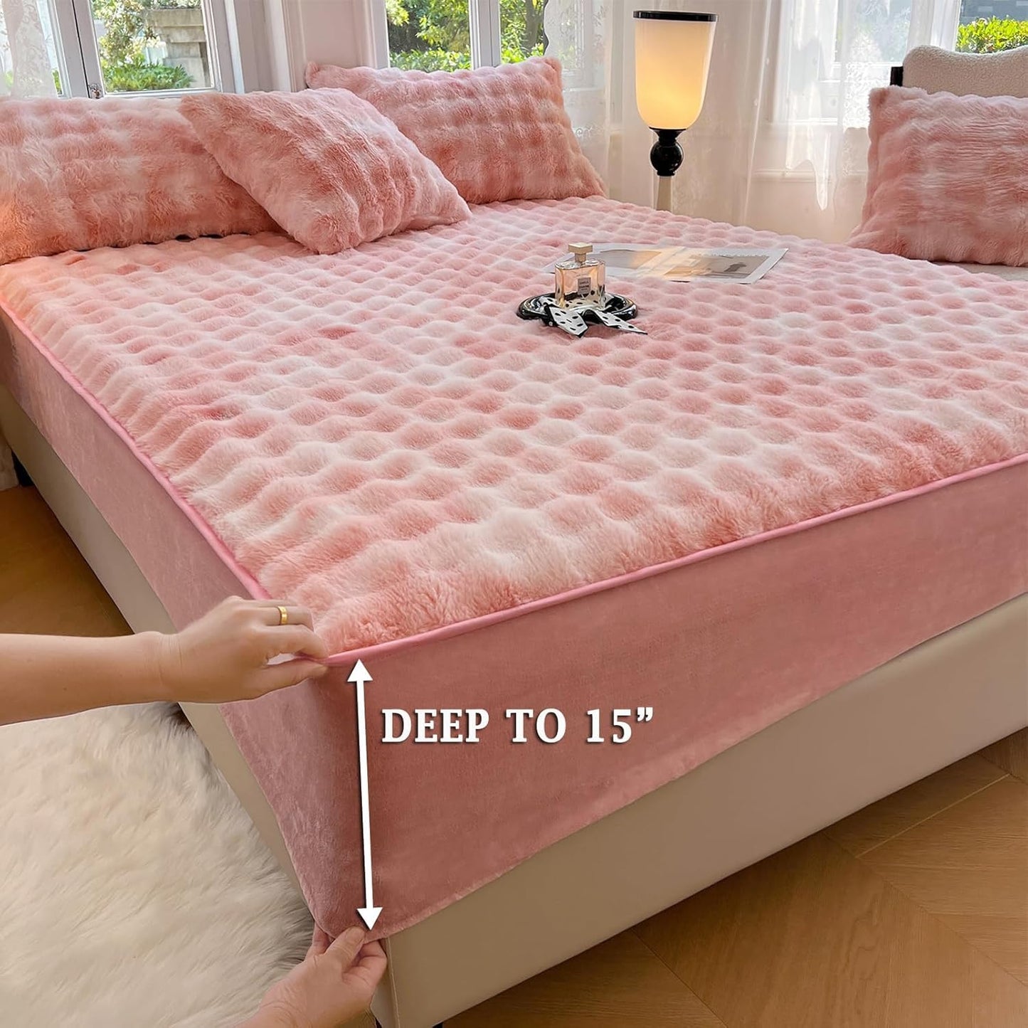 Plush Shaggy Fitted Sheet Full Size-Velvet Fitted Sheet Faux Fur Bottom Sheet with 15" Deep Pocket, Flannel Warm Tie Dyed Mattress Cover,No Pillowcases,Pink