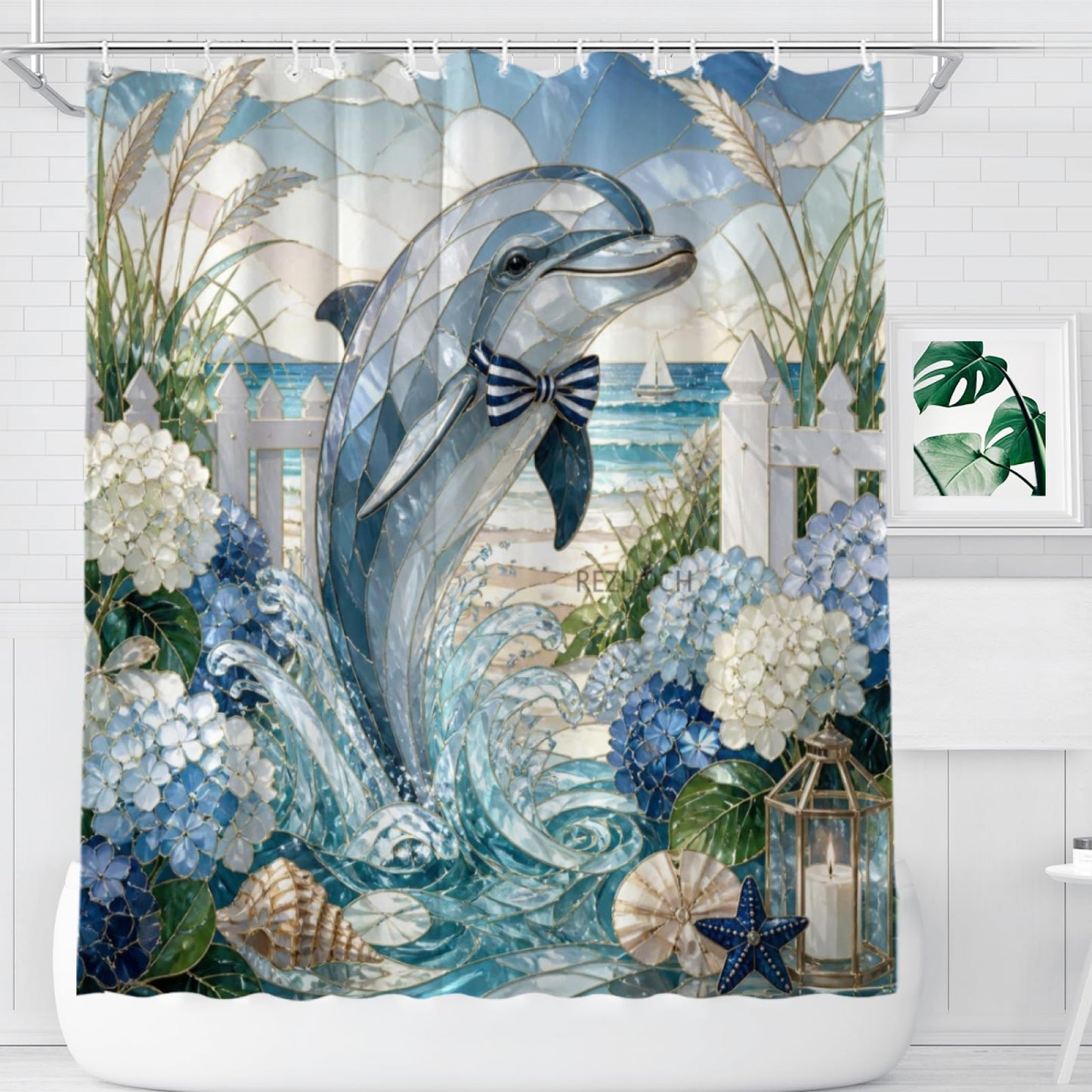 REZHOCH Coastal Fun Dolphin Shower Curtain 72x72Inch,Stained Glass Art Hydrangeas Flower Shells Picket Fence Bathroom Decor,Cute Animal Waterproof Bath Set Summer Beach Home