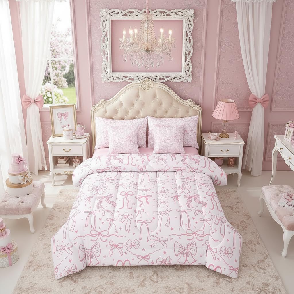 7 Pieces Pink Bowknot Kids Comforter Full,Cartoon Bow Tie Butterfly Knot Princess Girl Bedding Sets,Bow Star Love Pink Sweet Girly 1 Comforter 1 Fitted 1 Flat Sheet 2 Pillowcase,2 Throw Pillow Covers