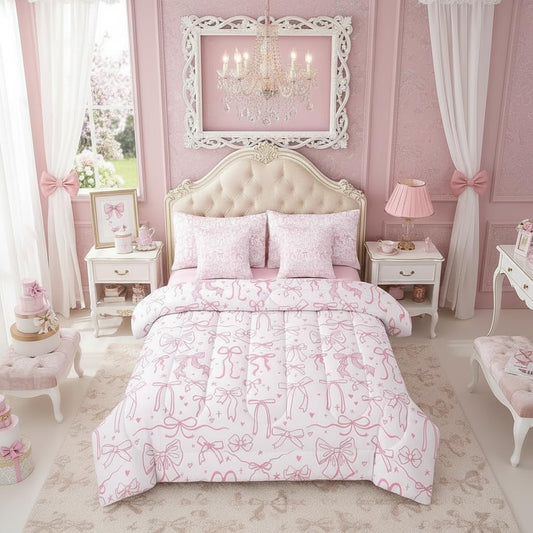 7 Pieces Pink Bowknot Kids Comforter Full,Cartoon Bow Tie Butterfly Knot Princess Girl Bedding Sets,Bow Star Love Pink Sweet Girly 1 Comforter 1 Fitted 1 Flat Sheet 2 Pillowcase,2 Throw Pillow Covers