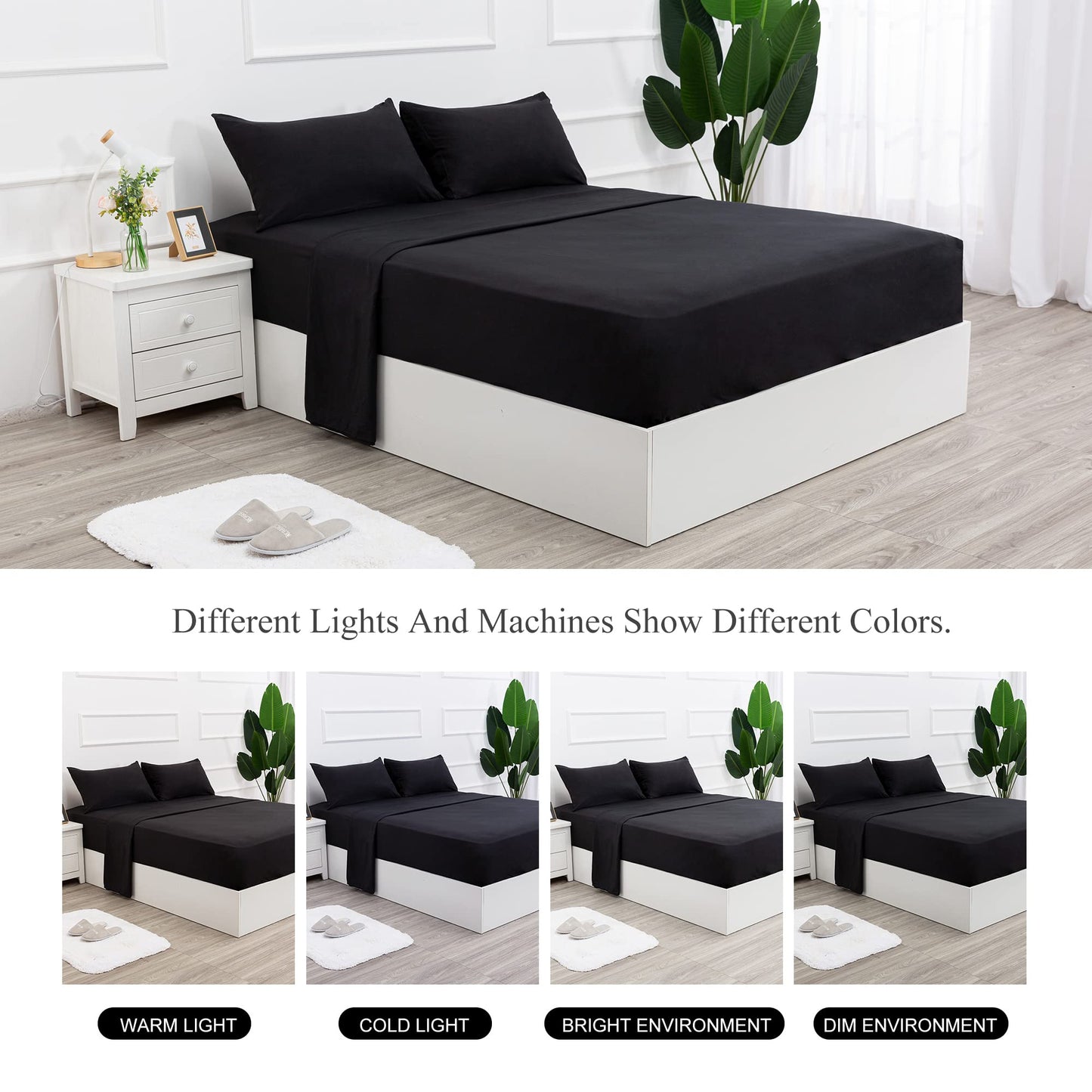 4 Piece Bed Sheet Set (Queen,Black) 1 Flat Sheet,1 Fitted Sheet and 2 Pillow Cases,Brushed Microfiber Luxury Bedding with Deep Pockets