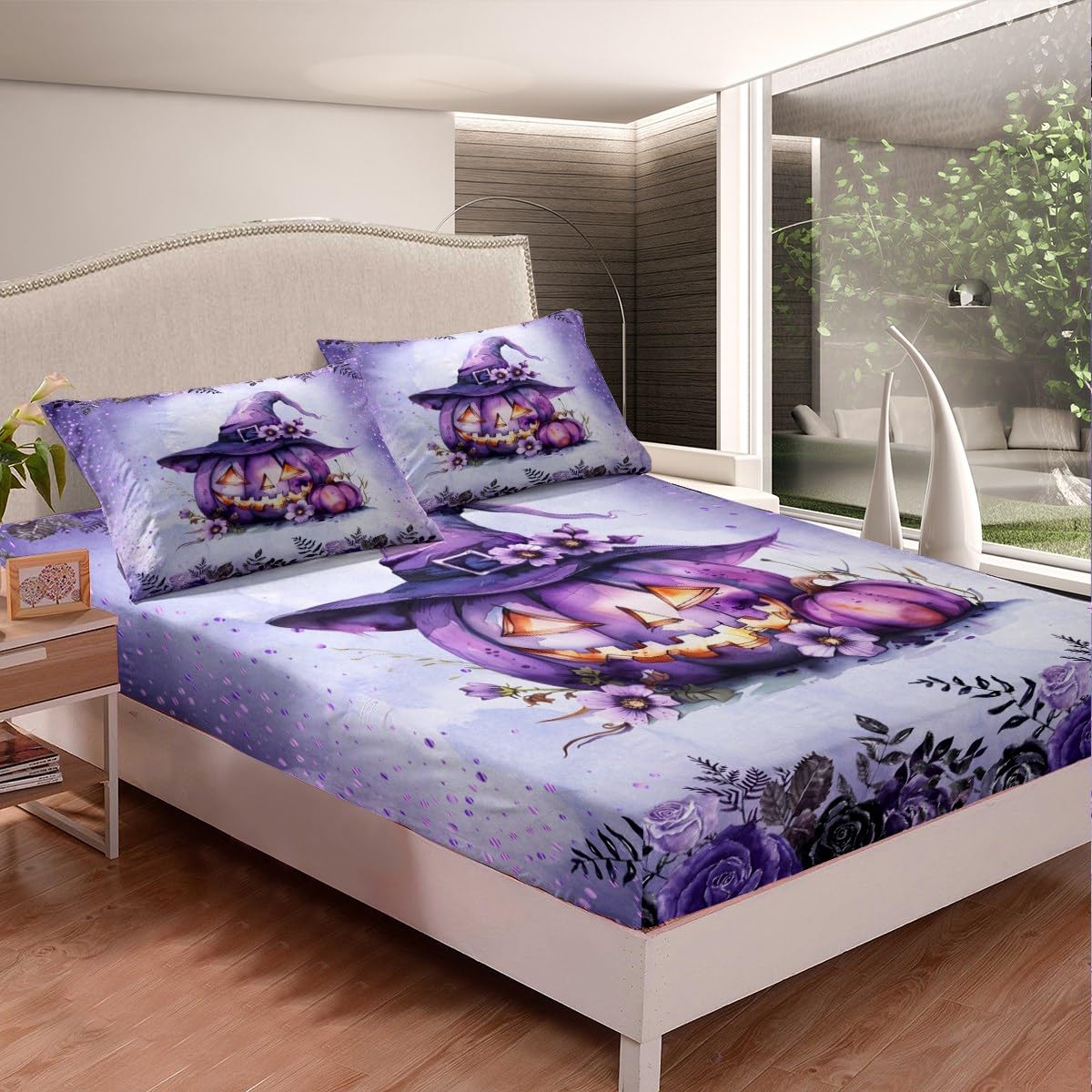 Castle Fairy Watercolor Flowers Fitted Sheet Set with 2 Pillowcase,Gothic Purple Halloween Theme Microfiber Mattress Cover,Pumpkin Lantern Bed Cover Queen Size