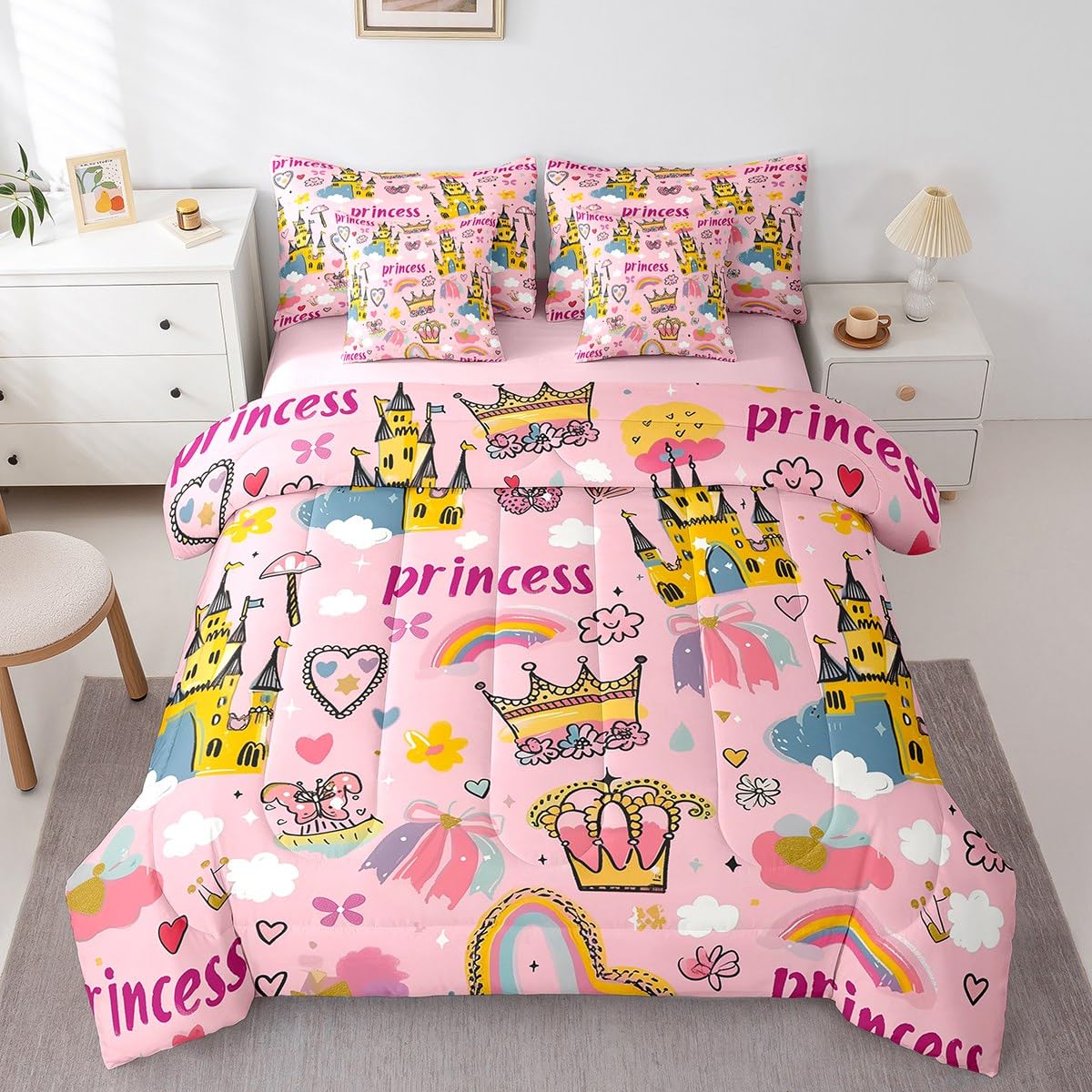Erosebridal Princess Floral Crown Bedding Set 7Pcs,Yellow Cartoon Castle Comforter Set King for Kids Girls,Rainbow Butterfly Bed in a Bag,Kawaii Cloud Love Heart Quilt