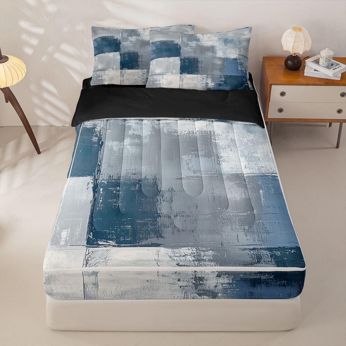 jejeloiu Blue Grey Abstract Comforter Set Twin Size Zipper Bedding Set for Girls Boys Modern Art Comforter with Fitted Sheet, Pillowcases Luxury Zipper Bedding Soft Breathable Bed in a Bag