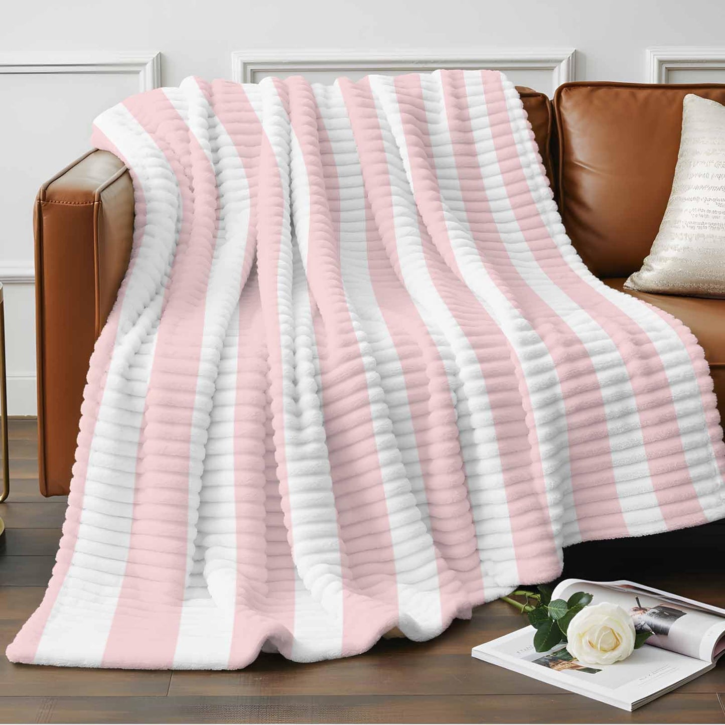 Pink Striped Throw Blanket, Farmhouse Vertical Stripes Fluffy Soft Blankets for Couch Bed Travel, Simple Plush Microfiber Striped Flannel Modern Blankets, Lightweight Sofa Blankets 30"x40"