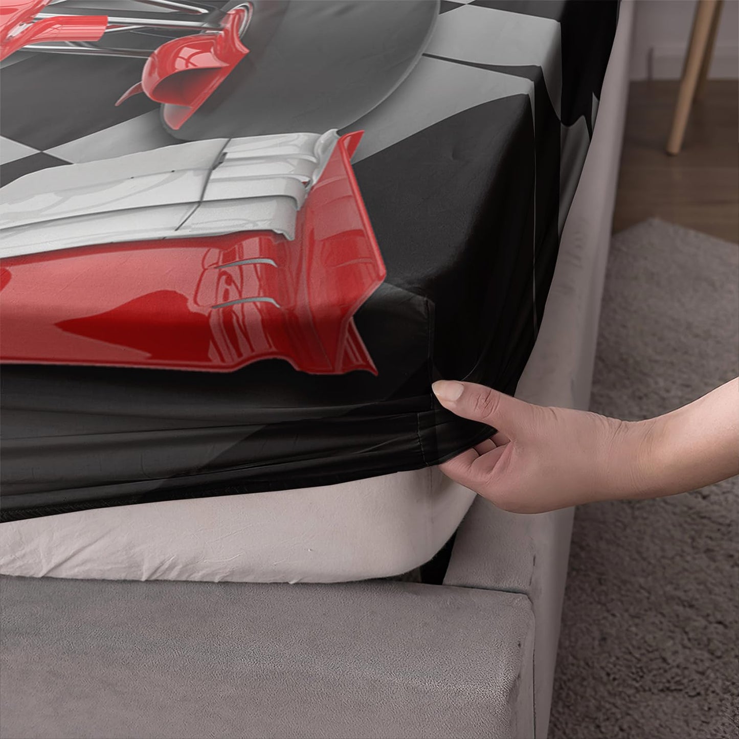 AILONEN Red Racing Car Fitted Sheet Set,Black and White Grid Extreme Sport Bed Sheet Set Queen Size,Speed Dial Pattern Bedding Set for Kids Boys,1 Fitted Sheet 2 Pillowcases,3-Piece,Soft Microfibre