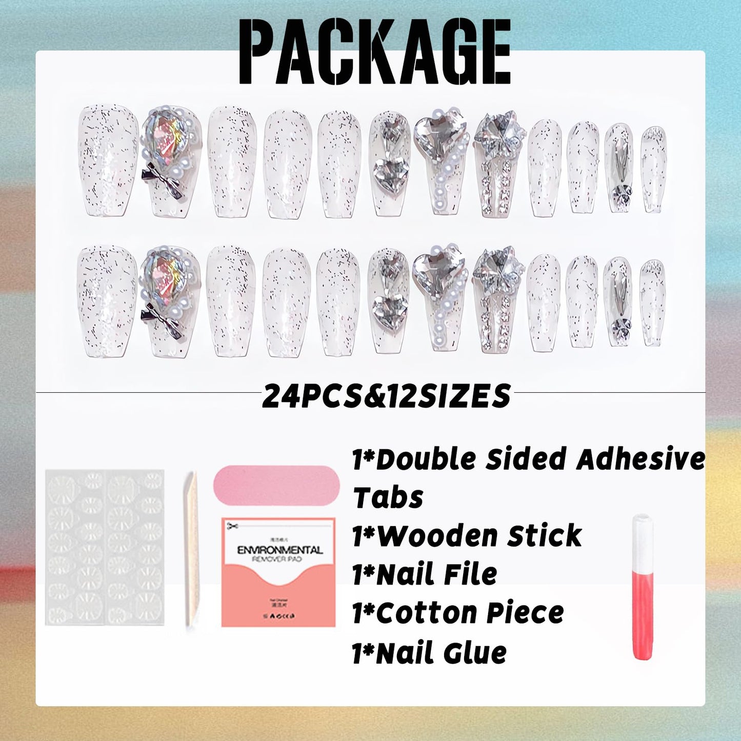 IMSOHOT Long Coffin Press on Nails Clear Heart Rhinestone Fake Nails with Designs White Glitter Luxury Ballerina False Nails Glossy Full Cover Acrylic Glue on Nails for Women 24Pcs