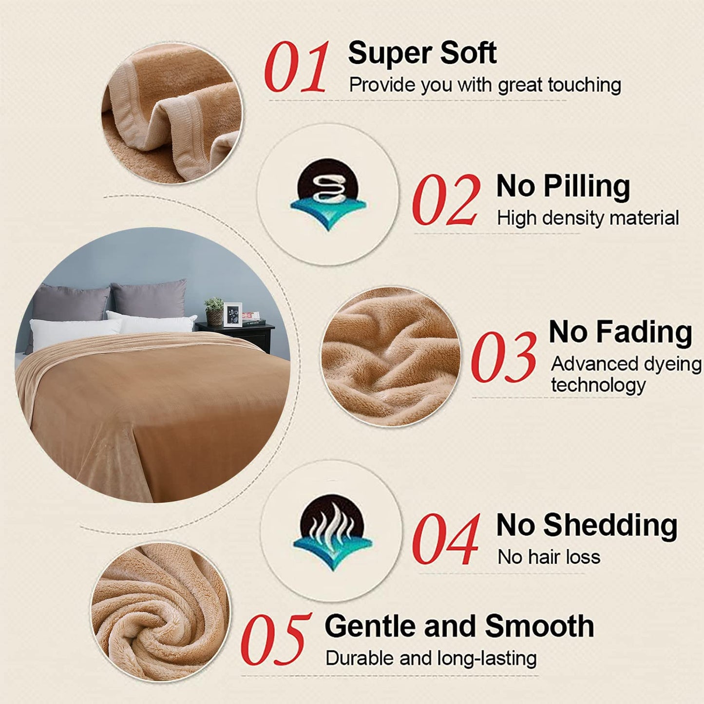 EASELAND Soft Blanket Warm Fuzzy Microplush Lightweight Thermal Fleece Blankets for Couch Bed Sofa,California King 102X108Inch,Camel