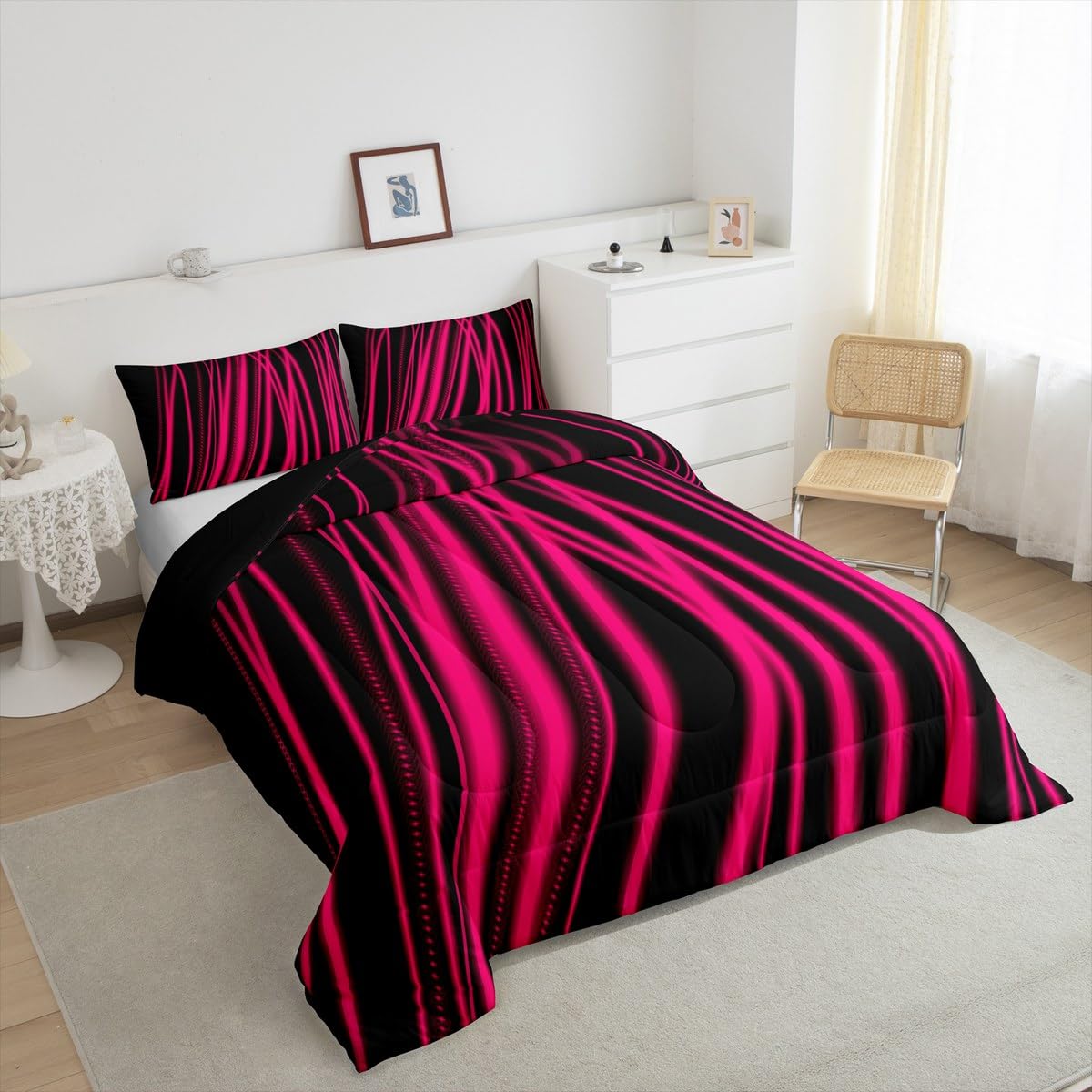 Feelyou Hot Pink Stripes Comforter Full Size Ombre Hot Pink Black Reversible Comforter Set for Boys Girls Children Abstract Bedding Set Room Decor Modern Art Duvet Set 3Pcs