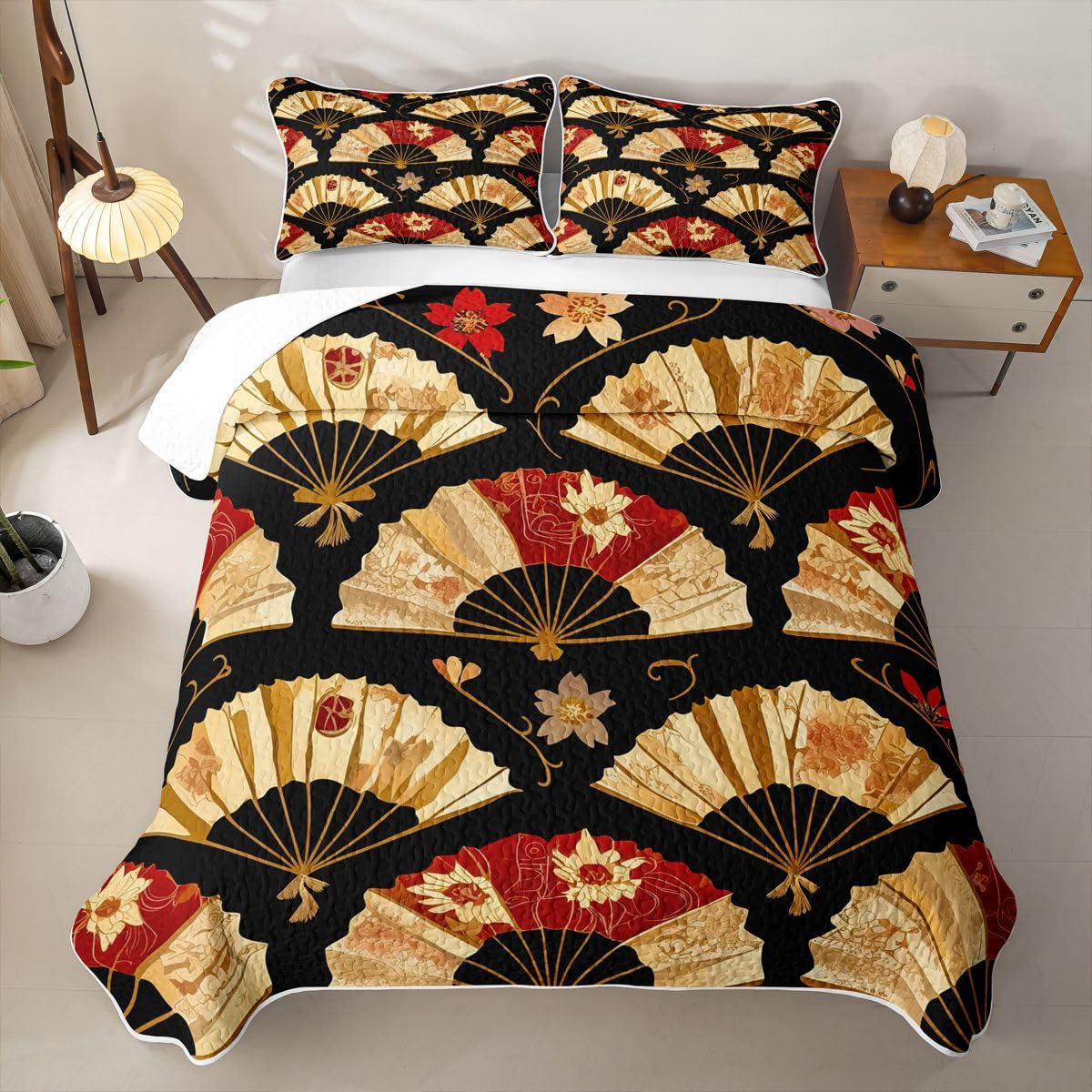 Erosebridal Japanese Folding Fans Quilt Twin Size - Japanese Style Bedspread Cherry Blossoms Bed Coverlet with 1 Pillowcase