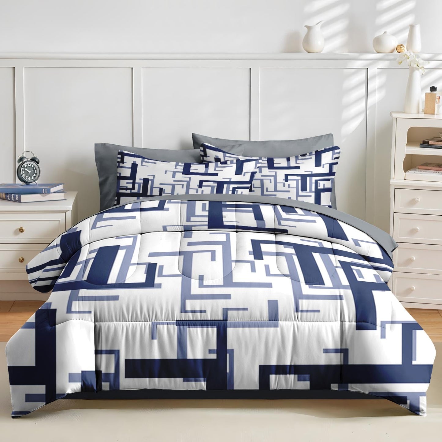 Nesker Comforter Set King Size, Navy Blue Maze 7 Pcs Bedding for Kids and Adults, Lines Geometric Bed Sheet Sets with Fitted Sheet 2 Pillowcases & 2 Shams
