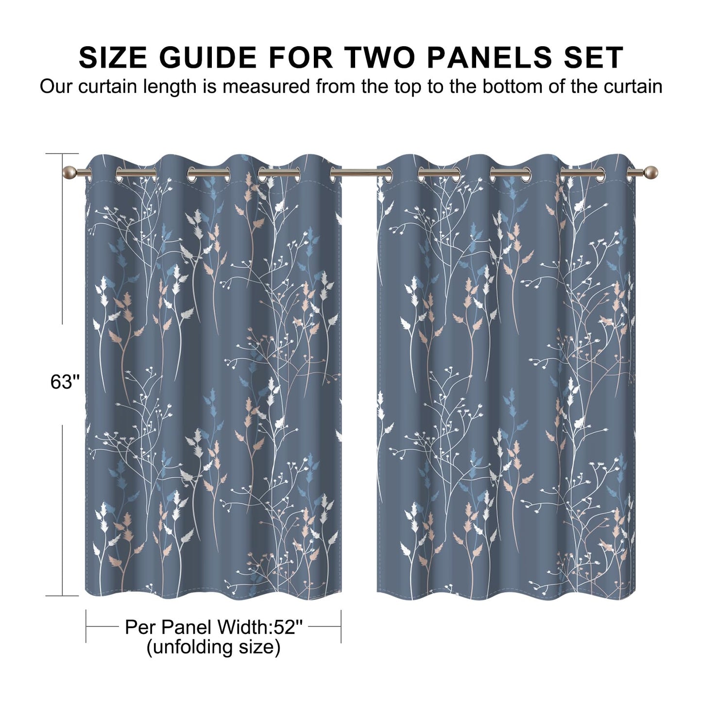 GICDSU Blue Leaves Blackout Curtains 63 Inch Length, Room Darkening Curtains for Living Room Bedroom with Botanical Printed, 2 Panels Set W52xL63