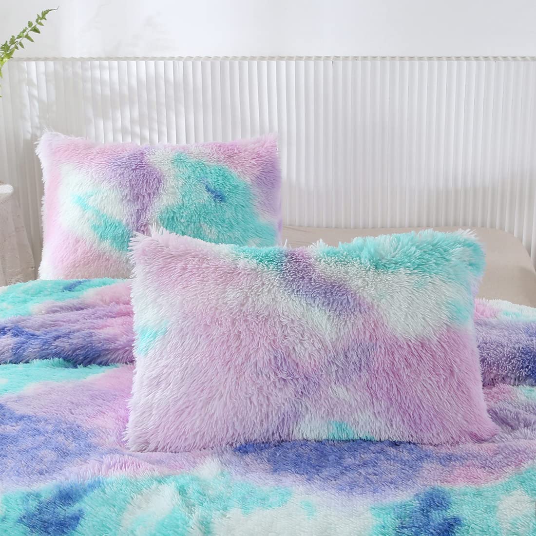 WINLIFE Faux Fur Comforter Set Queen Size for Girls Tie Dye Plush Shaggy Winter Long Hair Fuzzy Fluffy Bedding Soft Warm Bed Sets (3Pcs, Queen, Teal Purple)