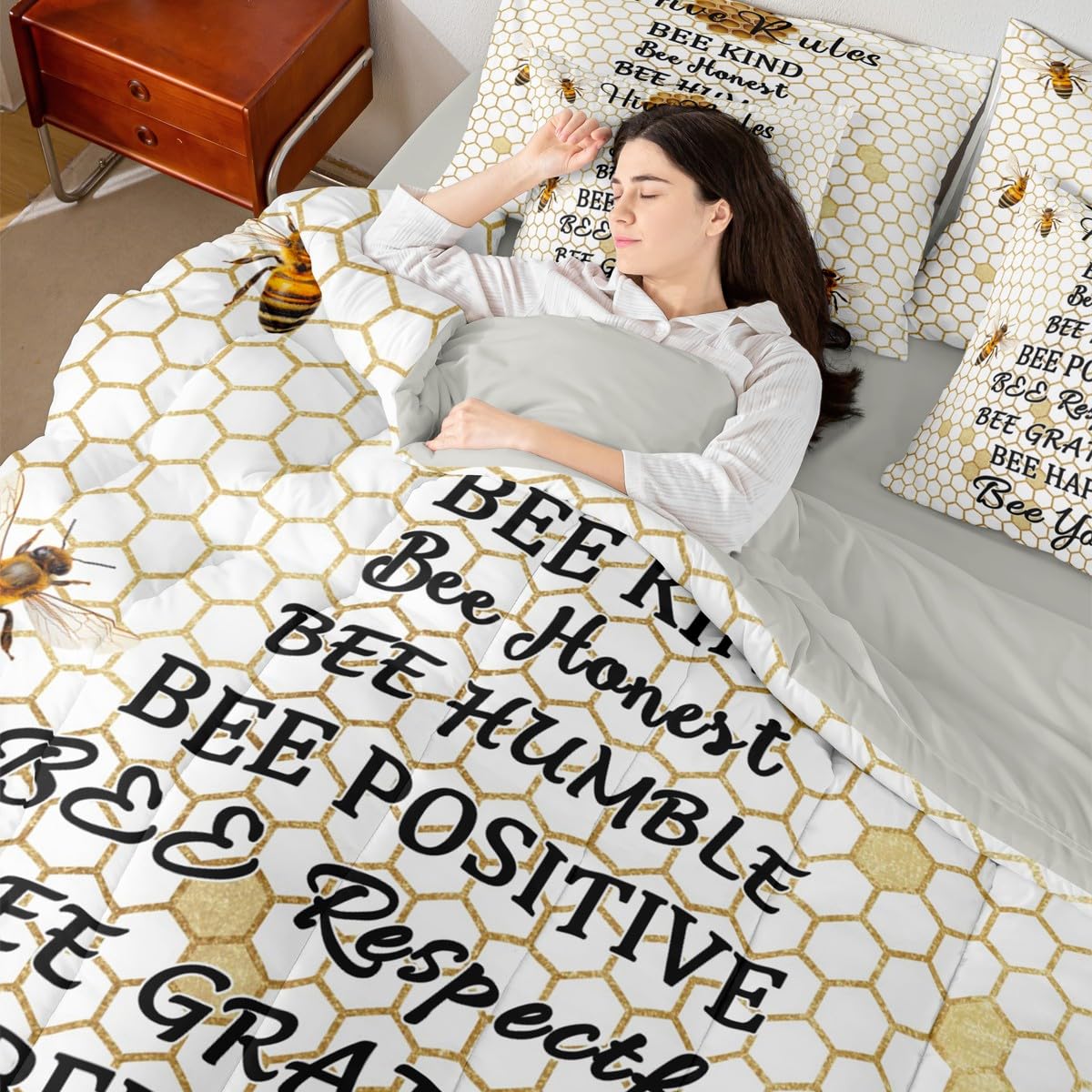 Honeycomb Bed in a Bag Queen Comforter Set 7-Piece | Bee Kind Bee Honest Beehive Bedding Sets Hexagon Geometric Comforter and Sheet Set, Honeybee Bees Funny Hive Rules Room DecorBee Themed Gifts