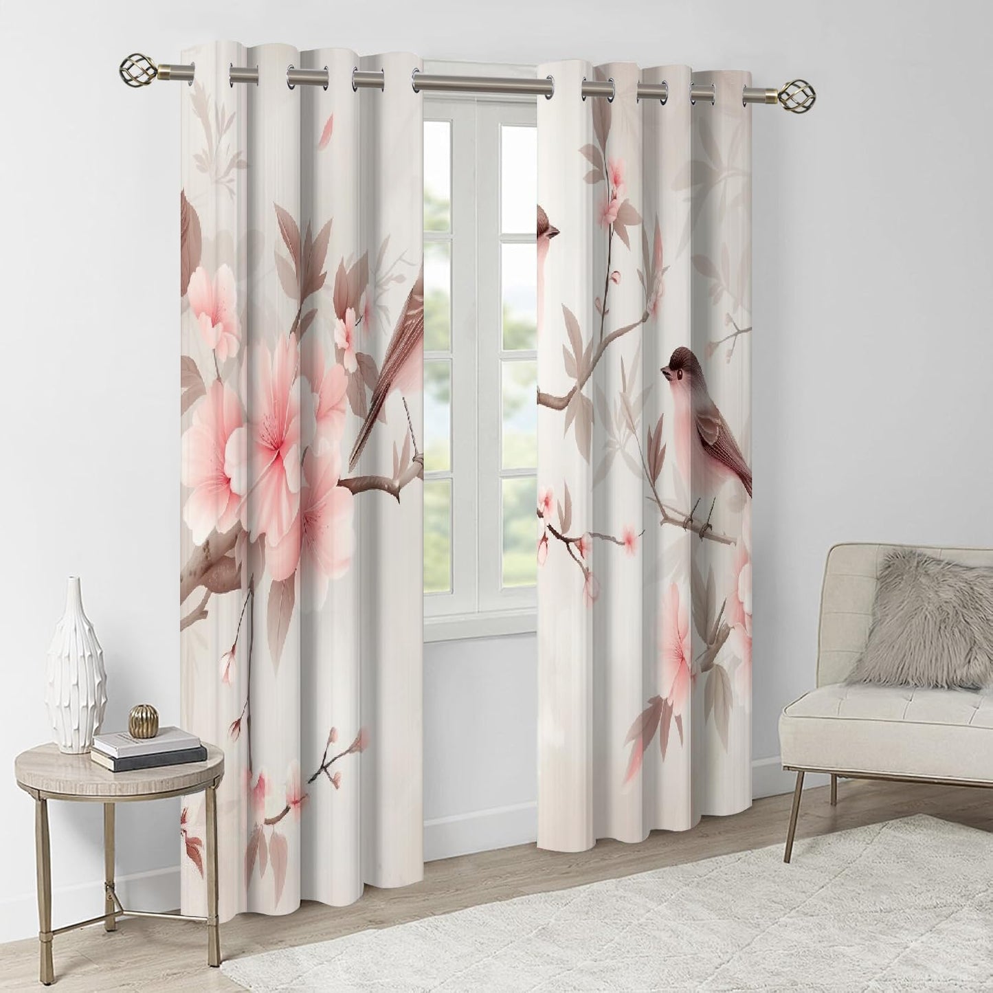 Pink Flower Branches Blackout Curtains, Cute Resting Bird 3D Print Drapes, Darkening Curtains with Top Grommet 2 Panel Drapes for Sliding Glass Door Bedroom Living Room(42" W x 63 "L)