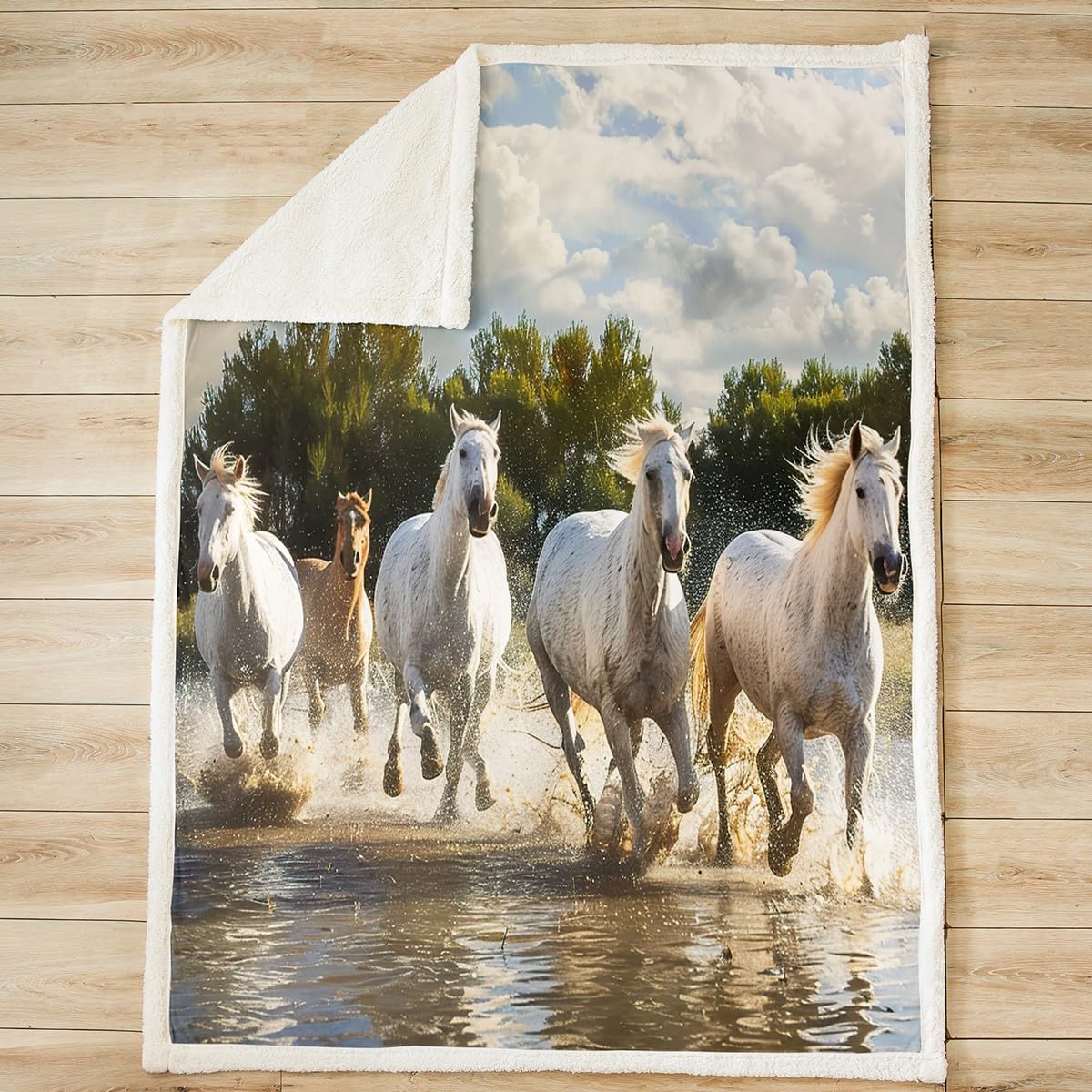 Feelyou Horse Sherpa Throw Blanket 3D Wild Animal Fleece Blanket Galloping White Horse Printed Plush Blanket for Sofa Bed Couch Bedroom Decor Wildlife Fuzzy Blanket Throw 50"x60"