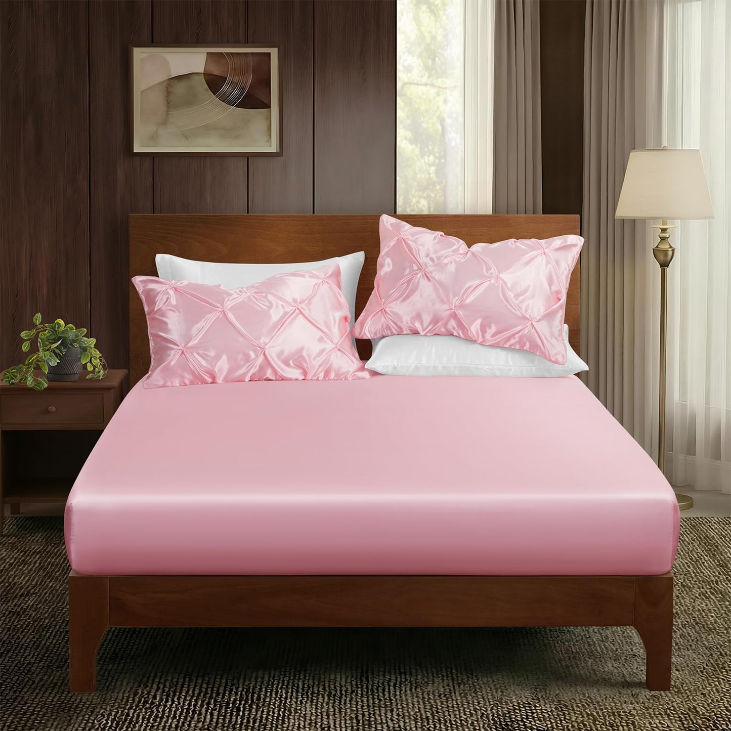 P Pothuiny 3-Piece Set Pintuck Satin Pillowcases & Twin Fitted Sheet, Blush Pink Satin Sheet Silky Soft Luxury Romantic Pinch Pleated Bedding Bedroom Dorm Decor, 15 Inch Deep Pocket