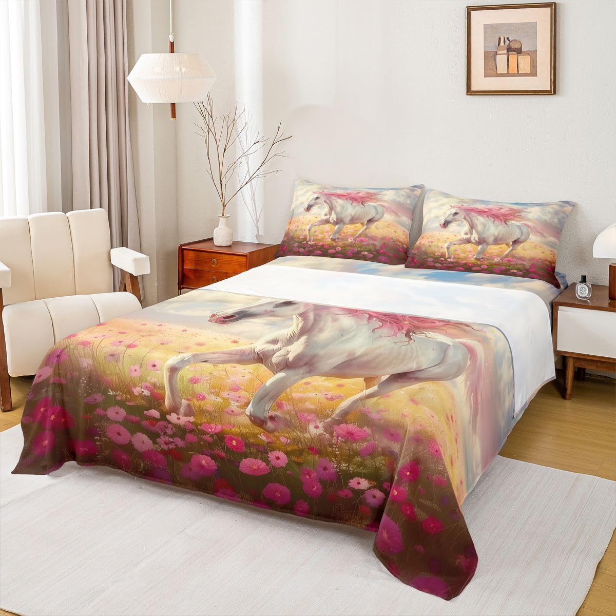 jejeloiu Galloping Horse Bed Sheets Set Queen Size Colorful Flower Deep Pocket Fitted Sheet Rustic Farmhouse Bedding Sets Wild Animal Soft Bed Set 4Pcs with 2 Pillow Cases