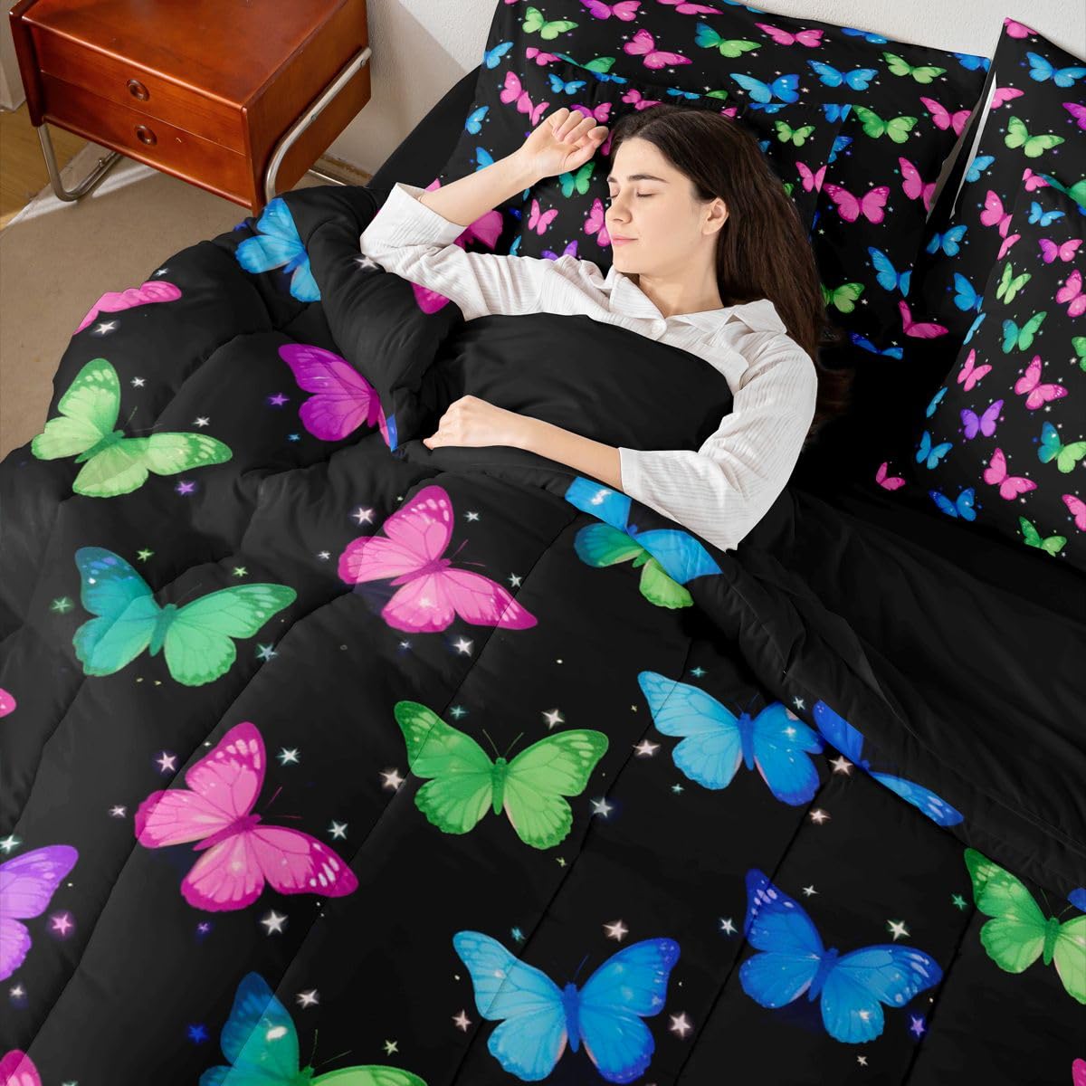 Erosebridal Neon Butterfly Print 7 Piece Bedding Set Twin Watercolor Butterflies Kawaii Comforter Set with Sheets Colorful Animals Print Bed in a Bag Vibrant Star Motif Bed Sets Comforter