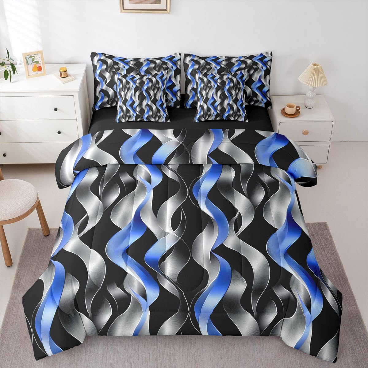 jejeloiu Modern Striped Full Comforter Set with Sheets for Kids Boys Girls Modern Abstract Geometric 7 Pieces Bedding Set Geometric Spiral Pattern Bed in a Bag Room Decor Microfiber