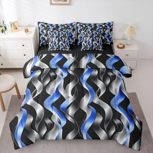 jejeloiu Modern Striped Full Comforter Set with Sheets for Kids Boys Girls Modern Abstract Geometric 7 Pieces Bedding Set Geometric Spiral Pattern Bed in a Bag Room Decor Microfiber
