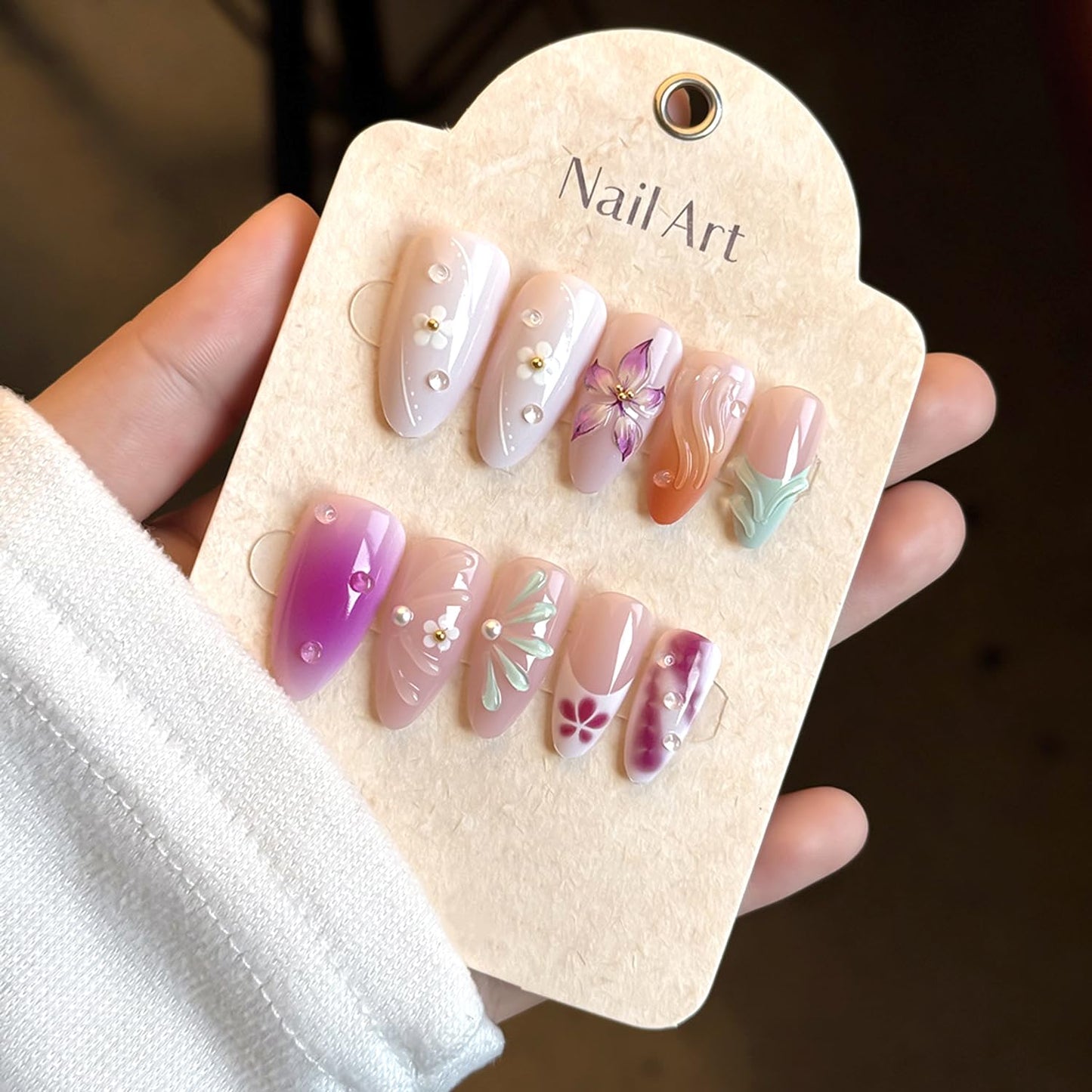 24Pcs Gradient Press on Nails Medium Almond Fake Nails with 3D Carved,Floral & Pearl Designs French Tip Cute Stick on Nails Pink False Nails Spring Summer DIY Nails for Women
