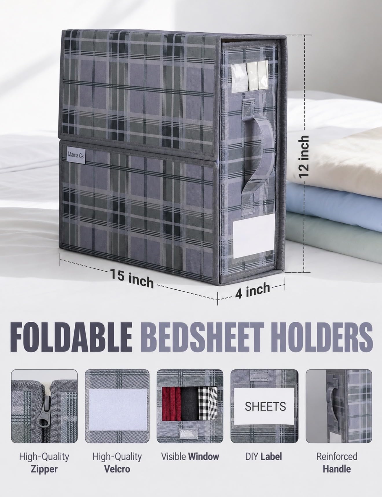 Mama Gs 4 Pack Bed Sheet Organizer and Storage with Zipper – Linen Closet Organizers for Full, King, Queen & Twin Sheet Sets, Bedding Storage for Blankets and Duvet Covers, Grey