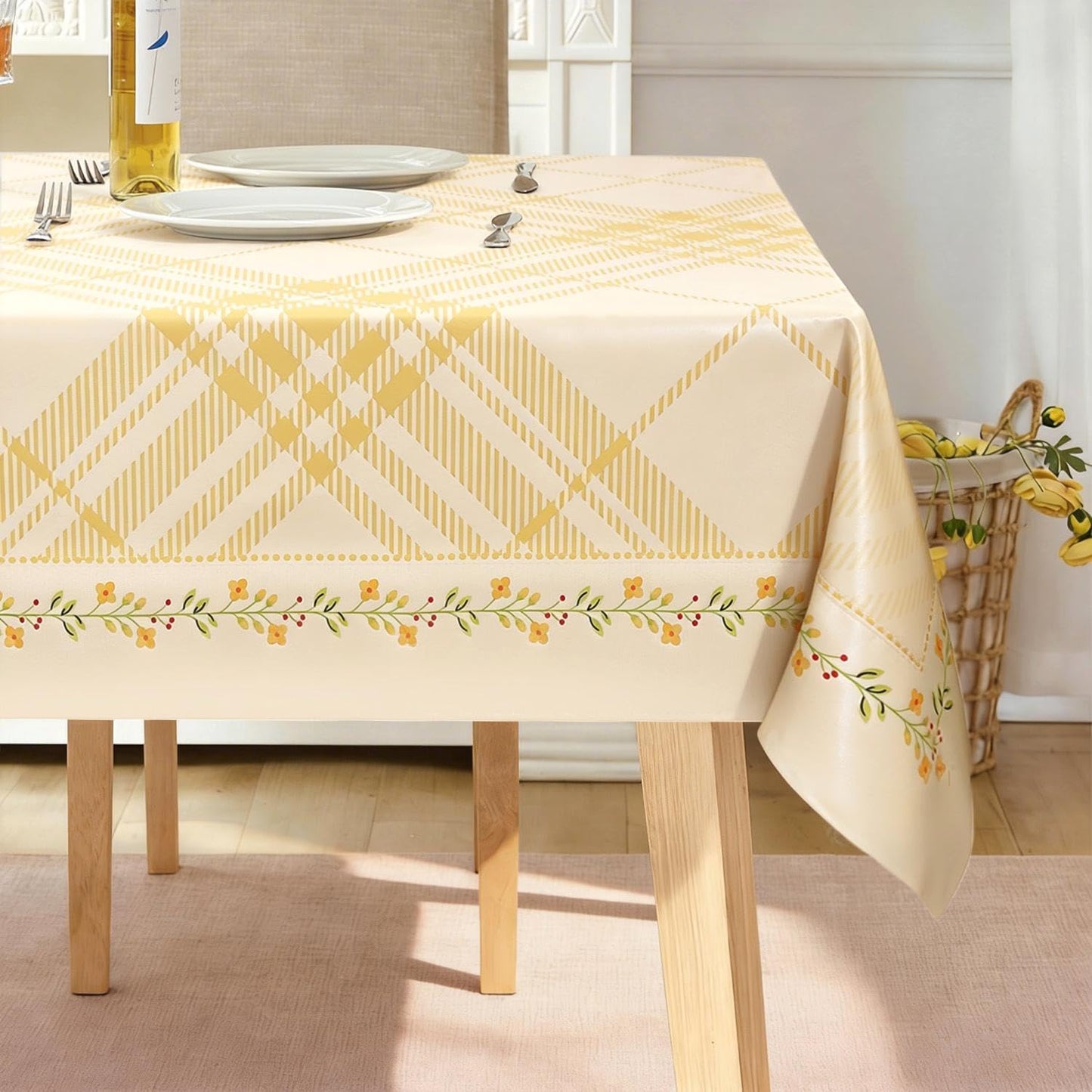 Quantum Love Heavy Duty Vinyl Tablecloths Rectangular Waterproof Plastic Yellow Table Cloth Wipeable Washable Table Cover for Dining Birthday Living Room Gathering (55'' x 78'',Lemon Stripe Check)