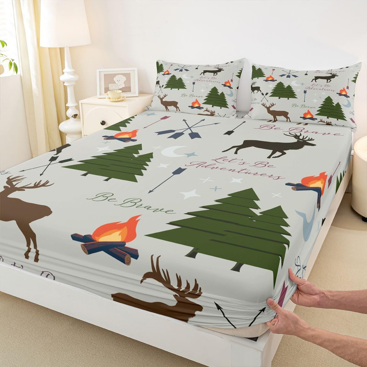 Adventure Deer Bedding Set Twin Size,Cartoon Pine Tree Jungle Animals Fitted Sheet,Arrow and Stars Moon Bed Sheet for Kids Girls Boys Adult Room Decor Rustic Camping Deep Pocket Sheet Green 2Pcs