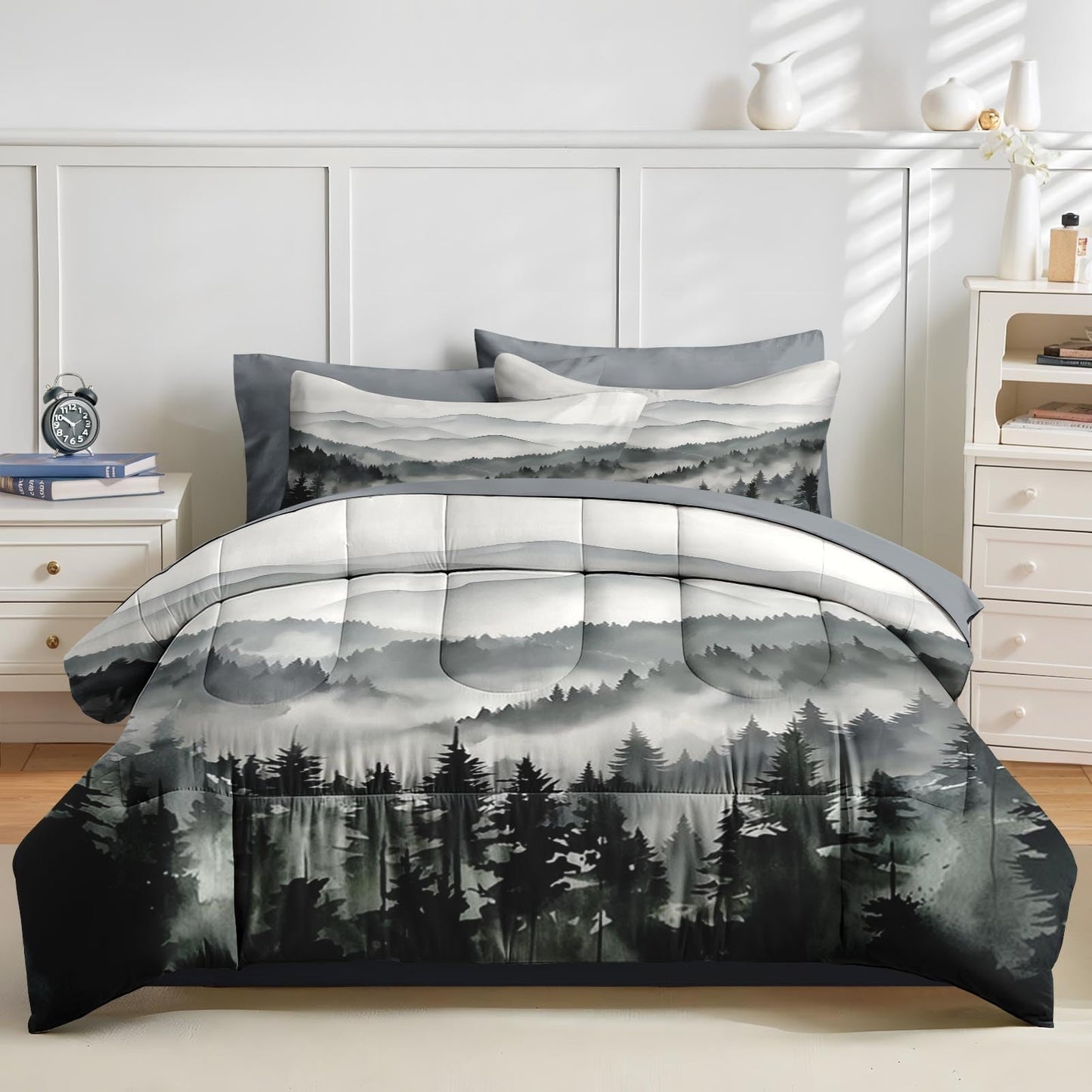 Nesker Comforter Set Full Size, Ink Forest 7 Pcs Bedding for Kids and Adults, Misty Mountains Bed Sheet Sets with Fitted Sheet 2 Pillowcases & 2 Shams