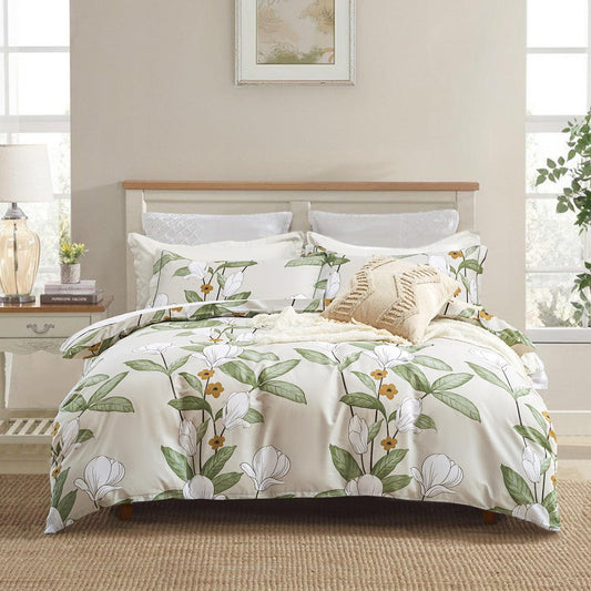 ALEISSEL Pale Moss Green Botanical Cotton Comforter King Size - 3PC Lightweight Bedding Sets with Ultra-Soft Alternative Fill, Floral Design with Leaf & White Magnolias (1 Comforter, 2 Pillowshams)