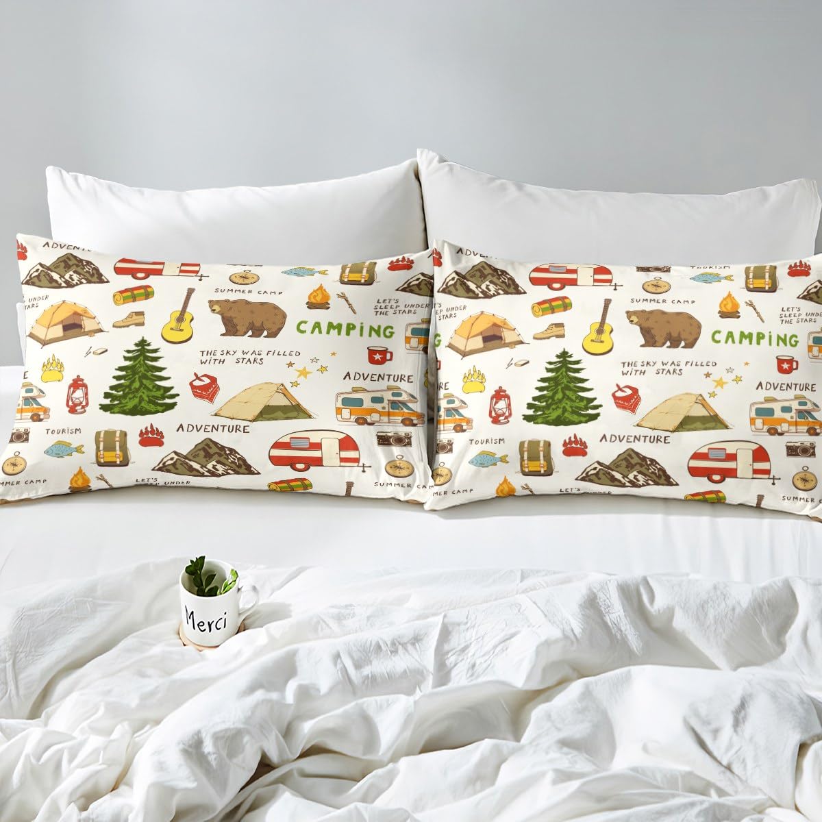 Camping and Adventure Bedding Set King Size,Cartoon Bear Camper Car Duvet Cover Set for Kids Girls Boys Teens Room Decor,Happy Camping Comforter Cover Outdoor Travel Quilt Cover,2 Pillowcases