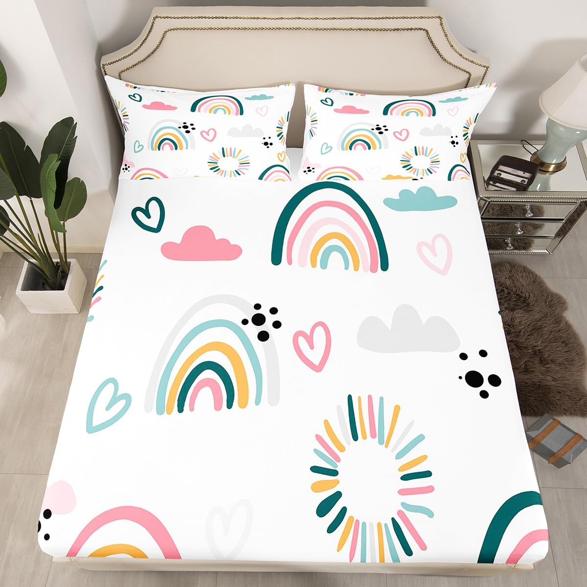 Girls Catoon Rainbow Sheet Set Pink Love Heart Bed?Sheets?Set Decor Cute Cloud Sheets?with?Deep?Pocket?Fitted?Sheet Kawaii Stripes Polka Dots Theme White Bedding?Set Bedroom Quilt Cover 4Pcs Full