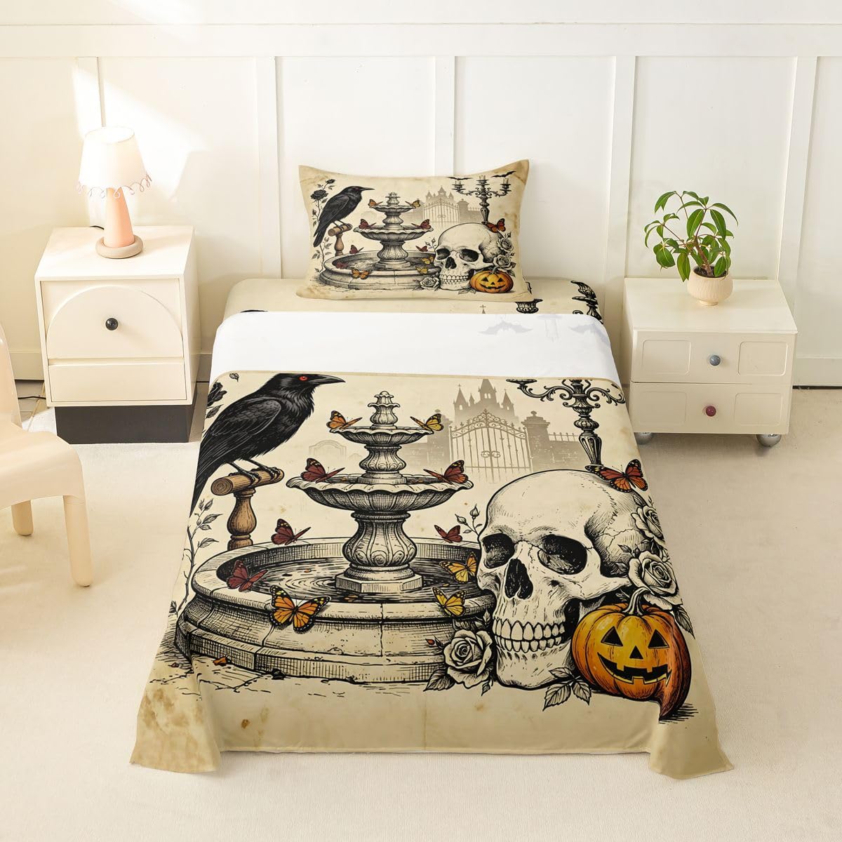 Erosebridal Gothic Skull Bed Sheets Twin Size Vintage Raven Butterfly Sheet Set Teens Adults Distressed Rose Fall Pumpkin Bedding Set Spooky Halloween Sheets