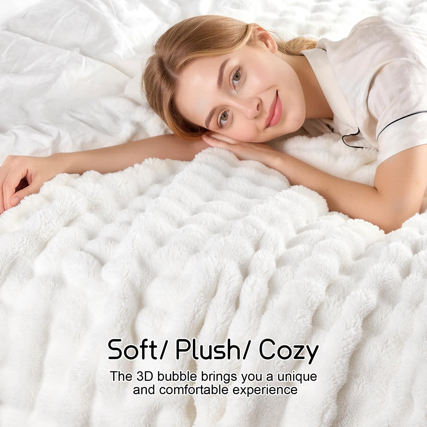 Lotus Karen 3D Bubble Fleece Blanket for Couch - Ultra Soft Fluffy White Twin Blanket for Sofa Bedroom, Lightweight Cozy Throw for All Season, Adults Women Kids Off White, 60"x80"