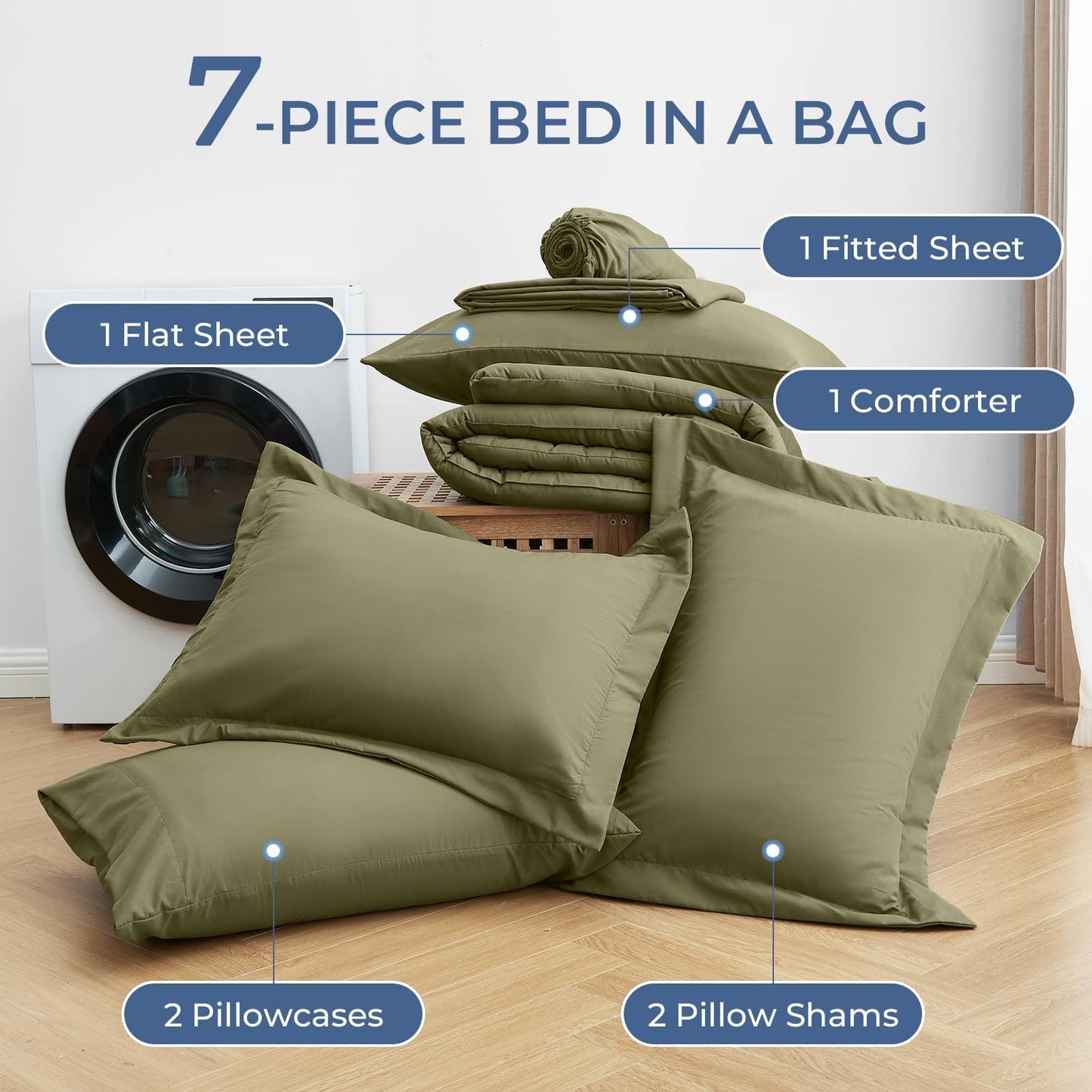 Sasttie Queen Comforter Set, 7 Pieces Bed in a Bag Queen, Complete Bedding Set Includes Comforter, Flat Sheet, Fitted Sheet, Pillowcases and Pillow Shams, Olive